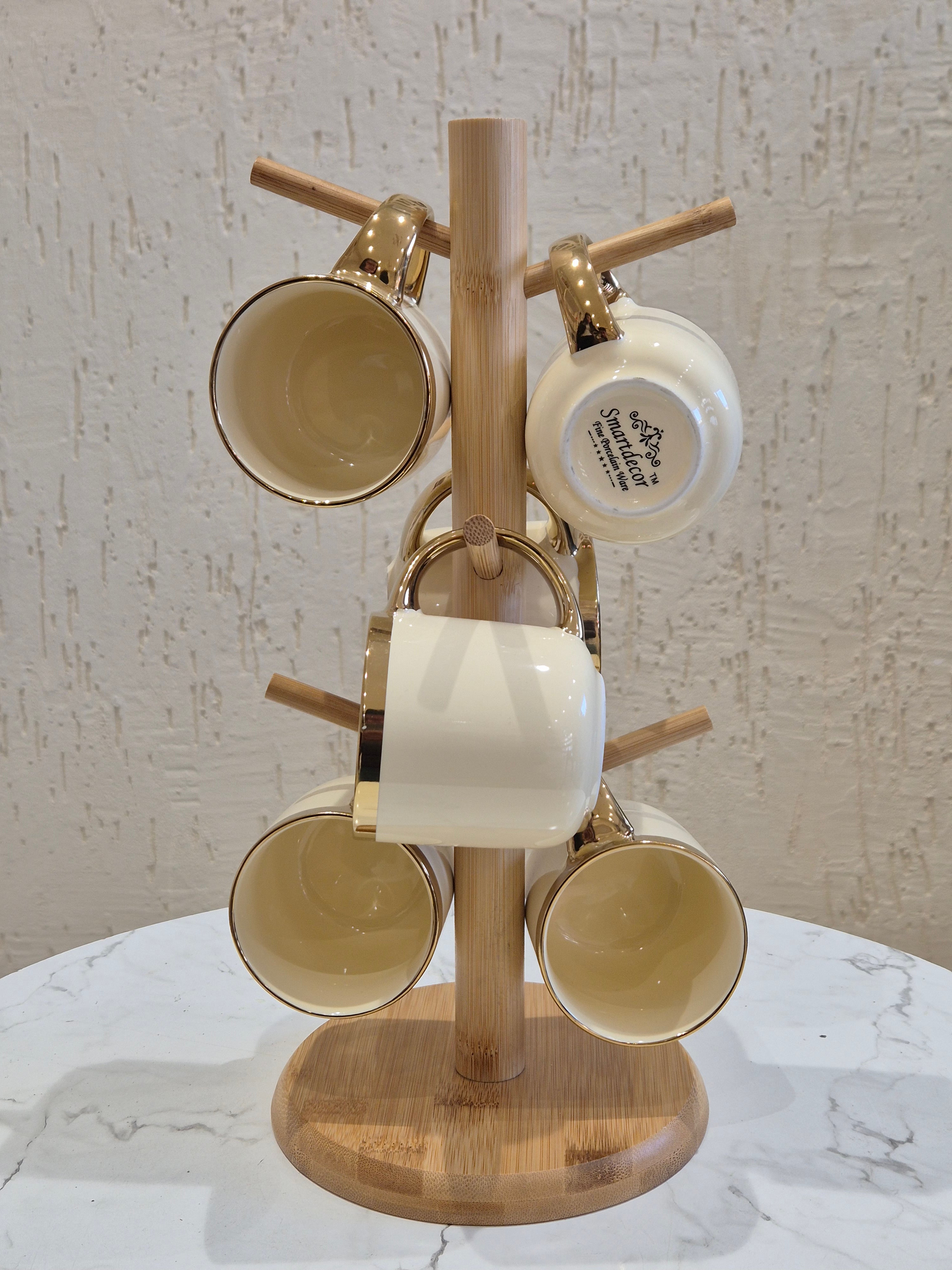 White Ceramic Mug Set with Gold Rim and Bamboo Stand