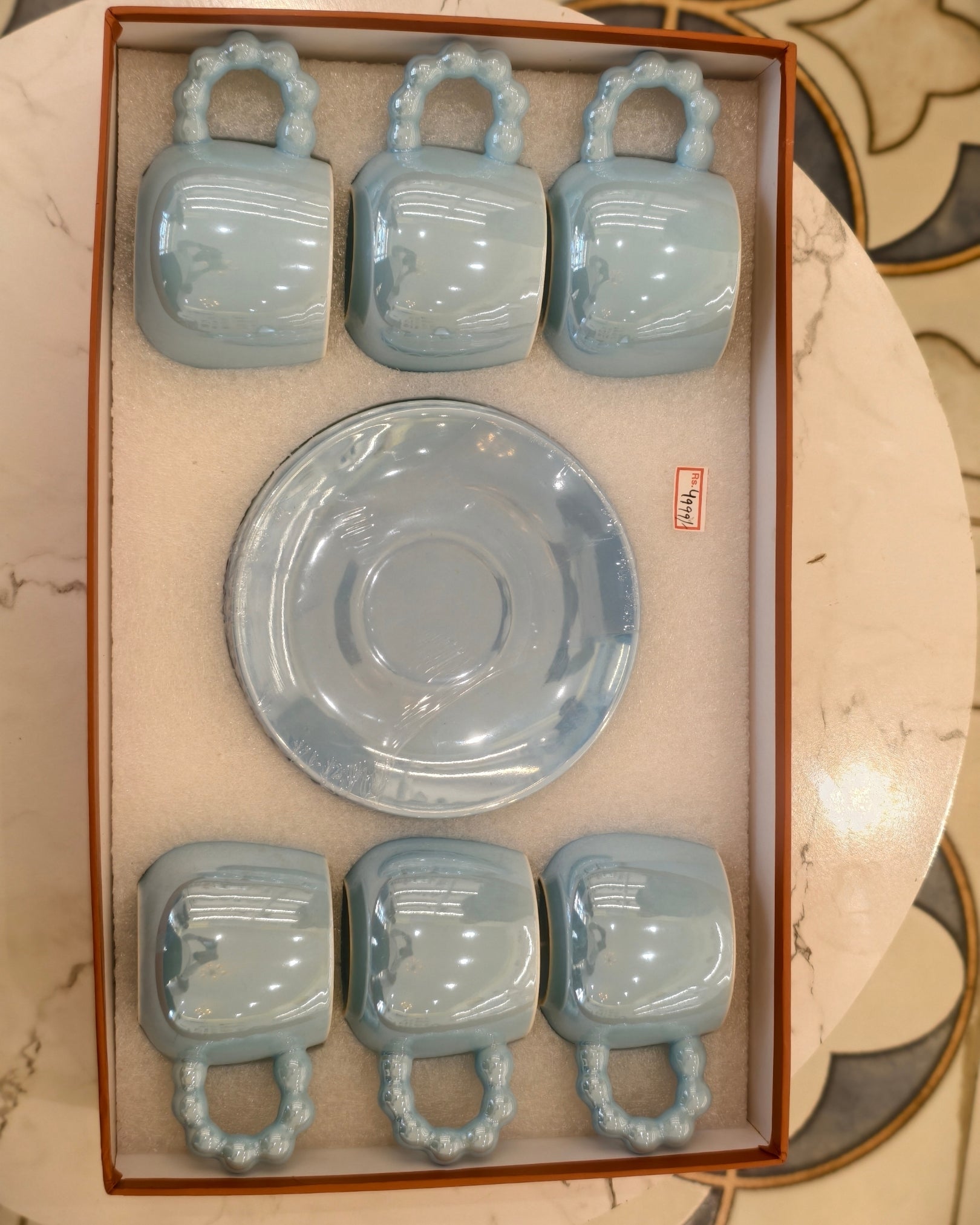 Pastel Blue Ceramic Tea Cup & Saucer Set – 6 Cups with Matching Saucer | Elegant Gift Tea Set