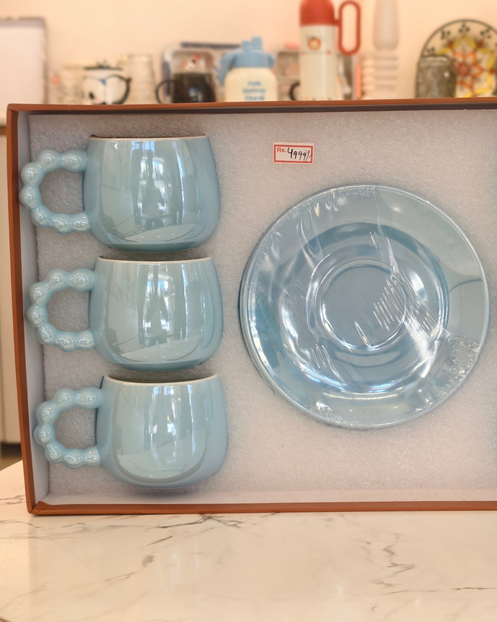 Pastel Blue Ceramic Tea Cup & Saucer Set – 6 Cups with Matching Saucer | Elegant Gift Tea Set