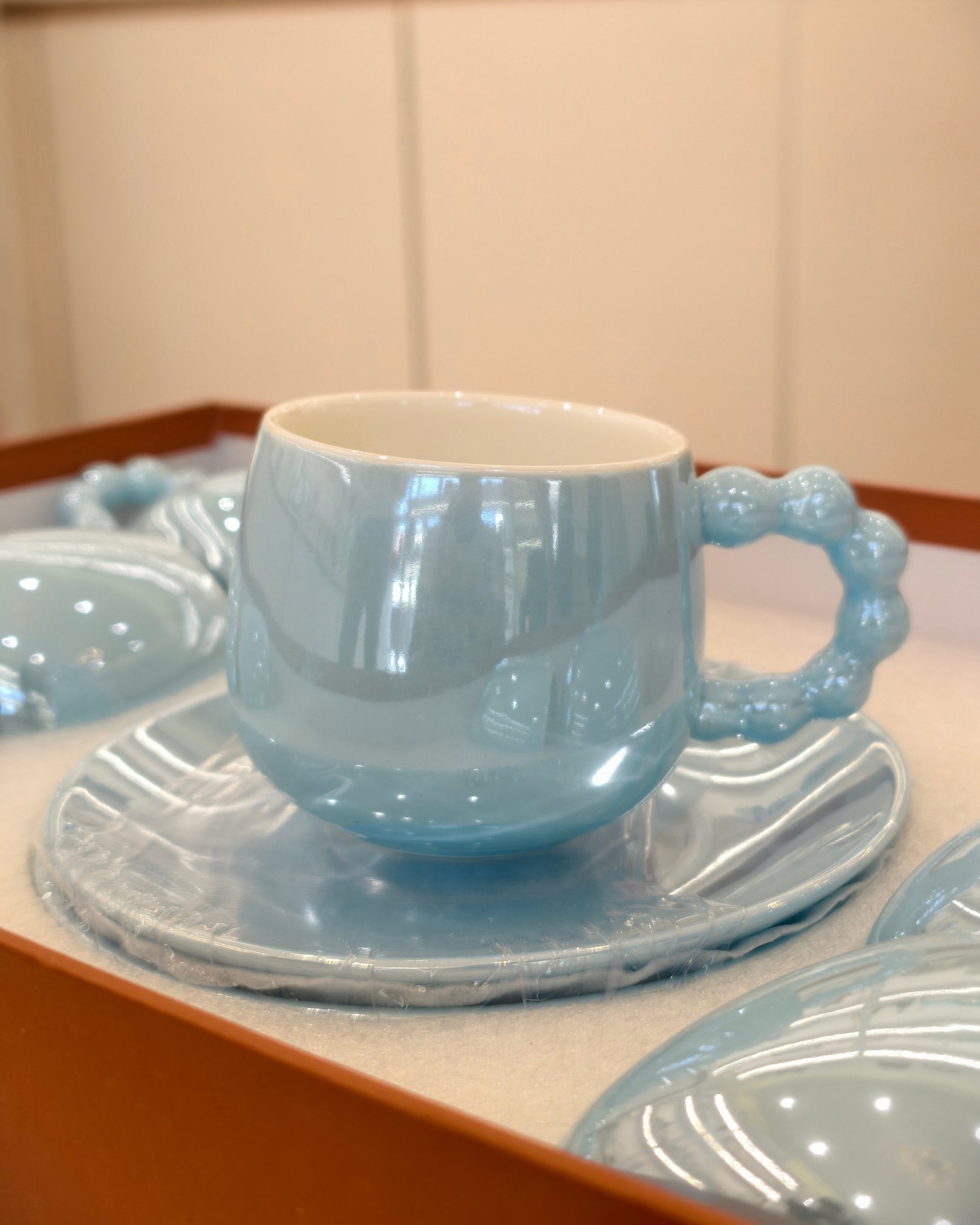 Pastel Blue Ceramic Tea Cup & Saucer Set – 6 Cups with Matching Saucer | Elegant Gift Tea Set