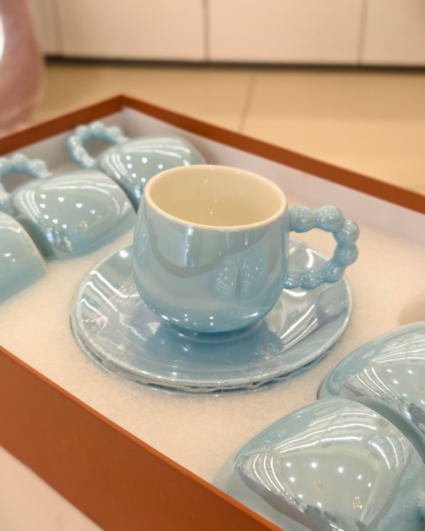 Pastel Blue Ceramic Tea Cup & Saucer Set – 6 Cups with Matching Saucer | Elegant Gift Tea Set