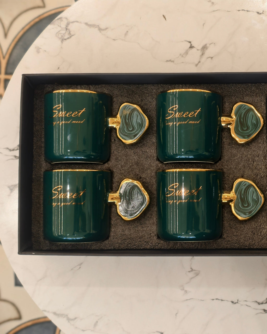 Emerald Green Ceramic Coffee Cups Set with Gold Rim and Designer Handles