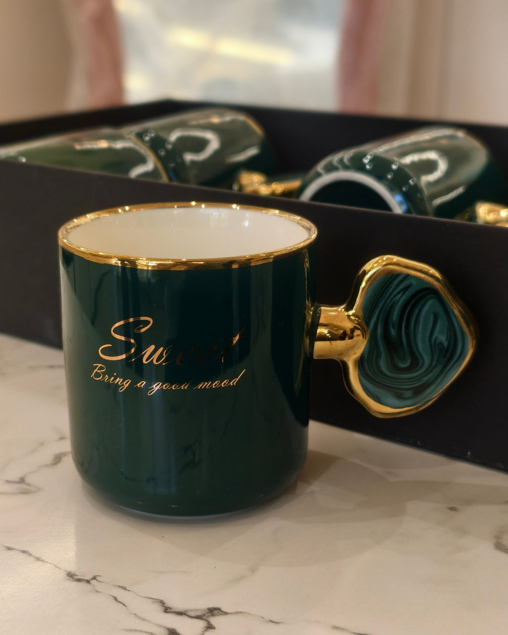 Emerald Green Ceramic Coffee Cups Set with Gold Rim and Designer Handles