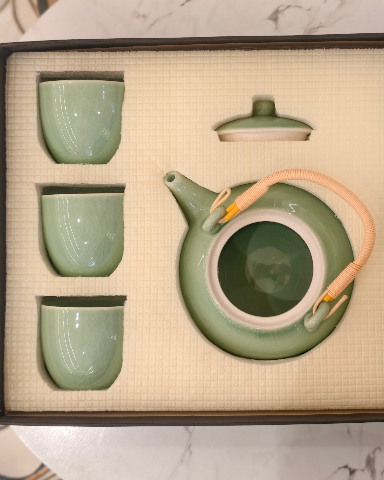 Celadon Green Ceramic Tea Set with Kettle and Cups – Gloss Finish Tea Serving Set