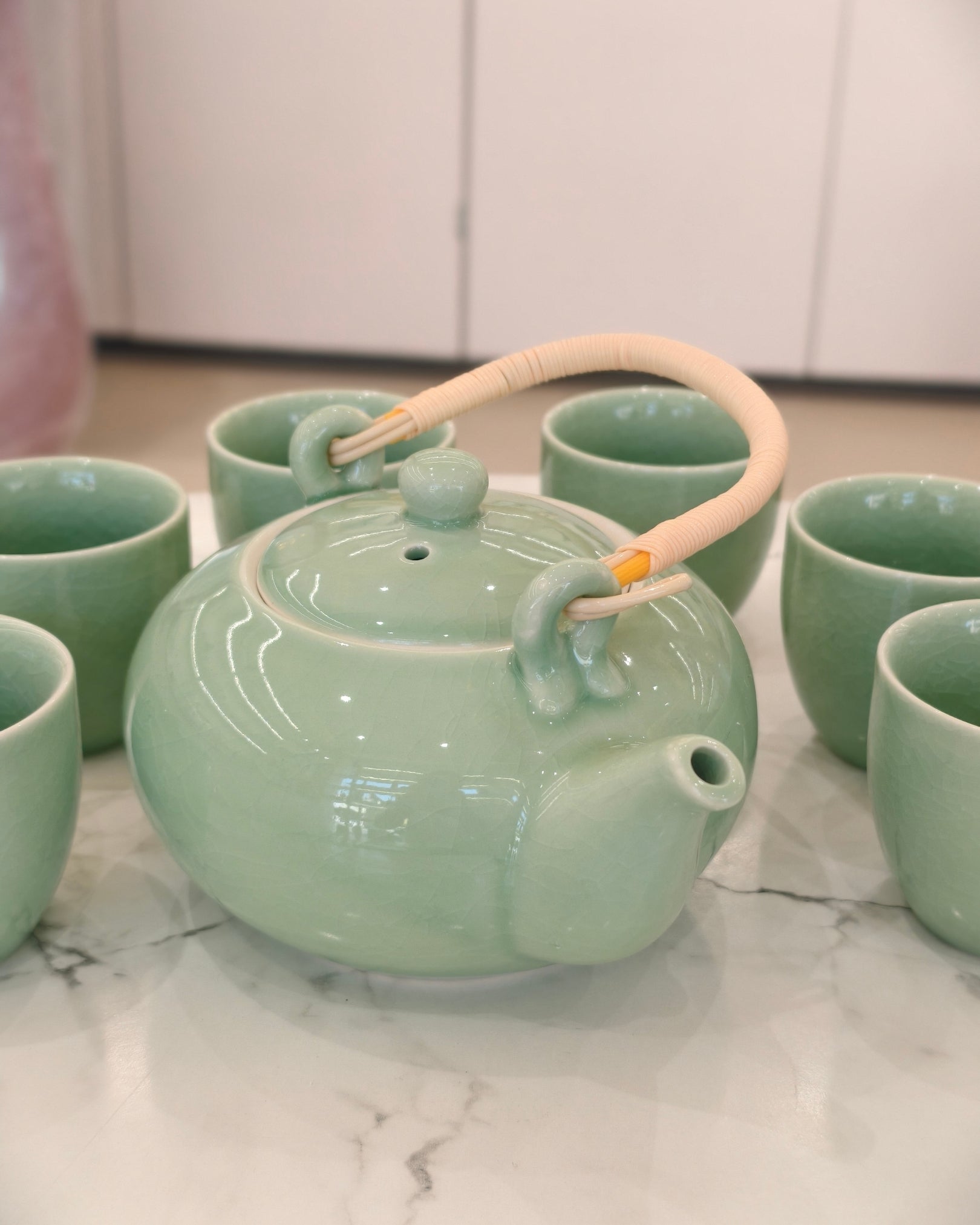 Celadon Green Ceramic Tea Set with Kettle and Cups – Gloss Finish Tea Serving Set