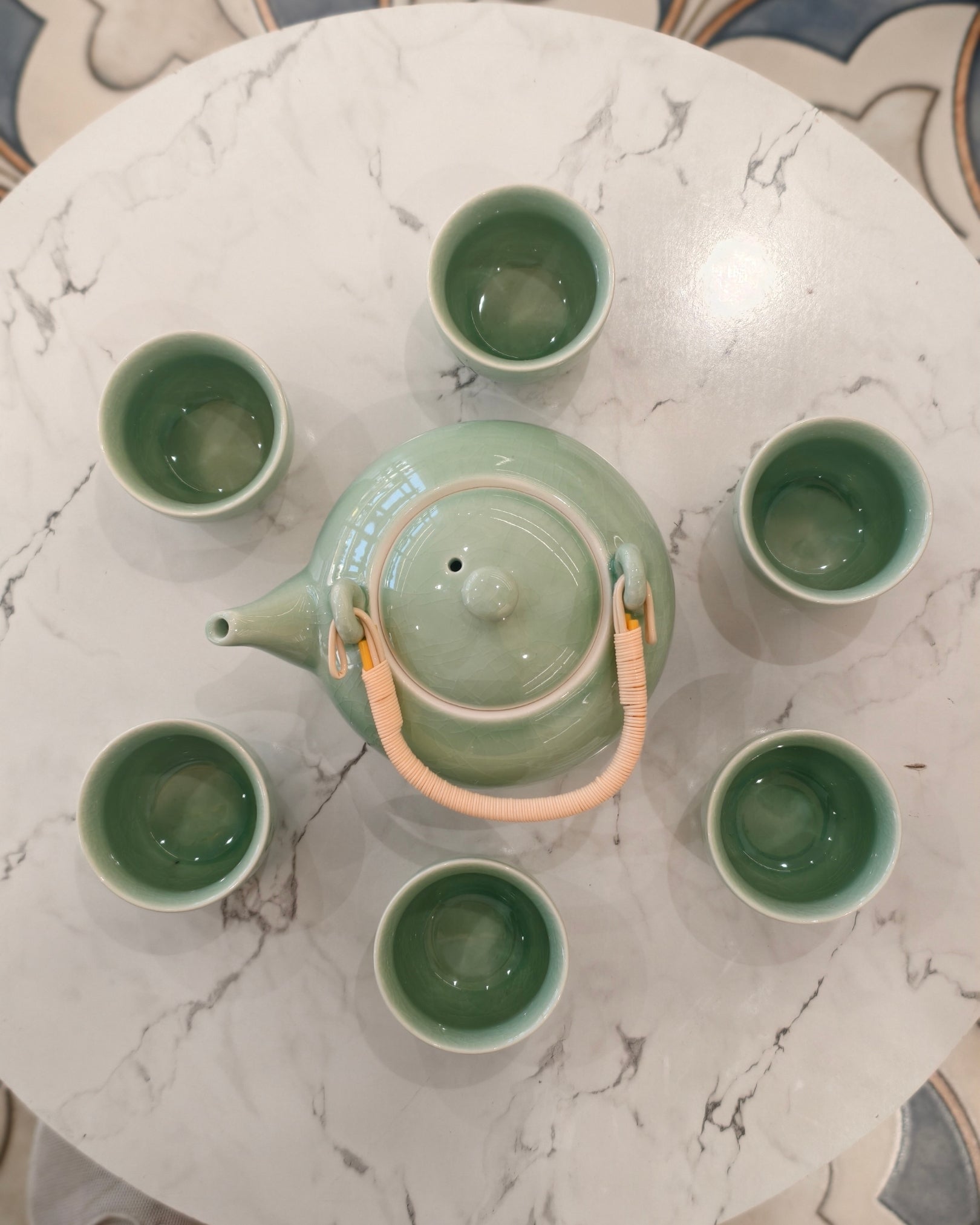Celadon Green Ceramic Tea Set with Kettle and Cups – Gloss Finish Tea Serving Set