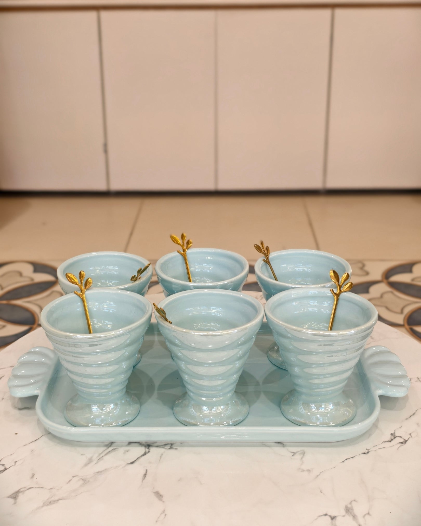 Celadon Blue Ceramic Dessert Bowl Set with Tray and Gold Spoons – 6-Piece Serving Set