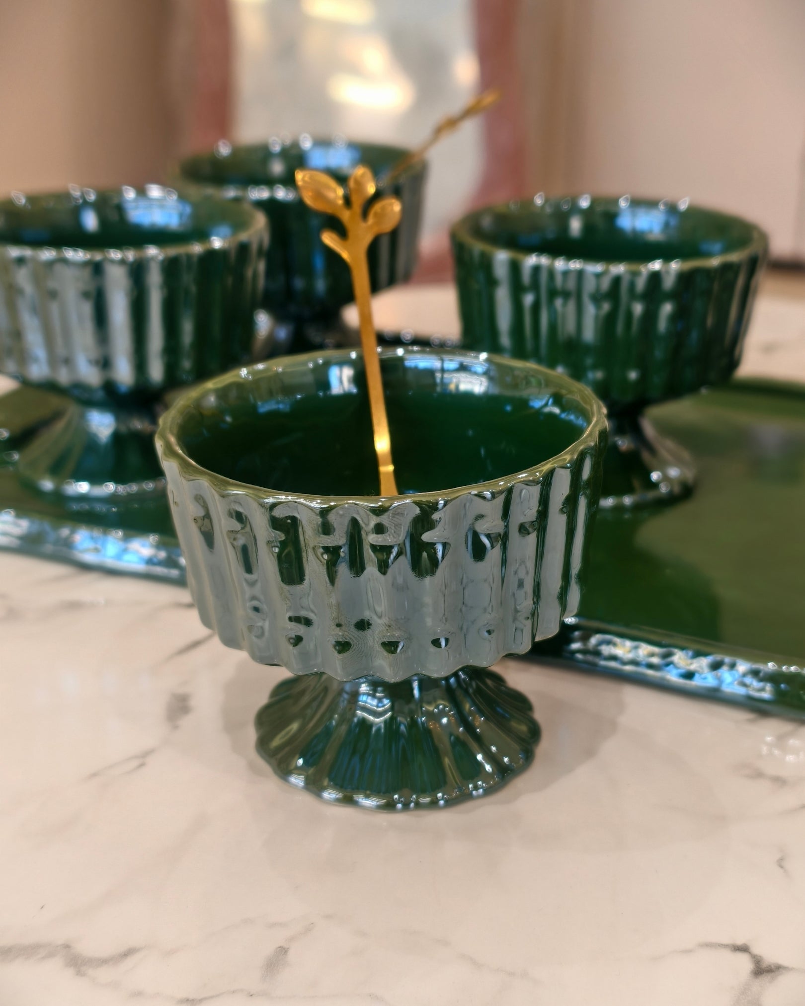 Dark Green Glass Dessert Bowl Set with Serving Tray and Gold Spoons