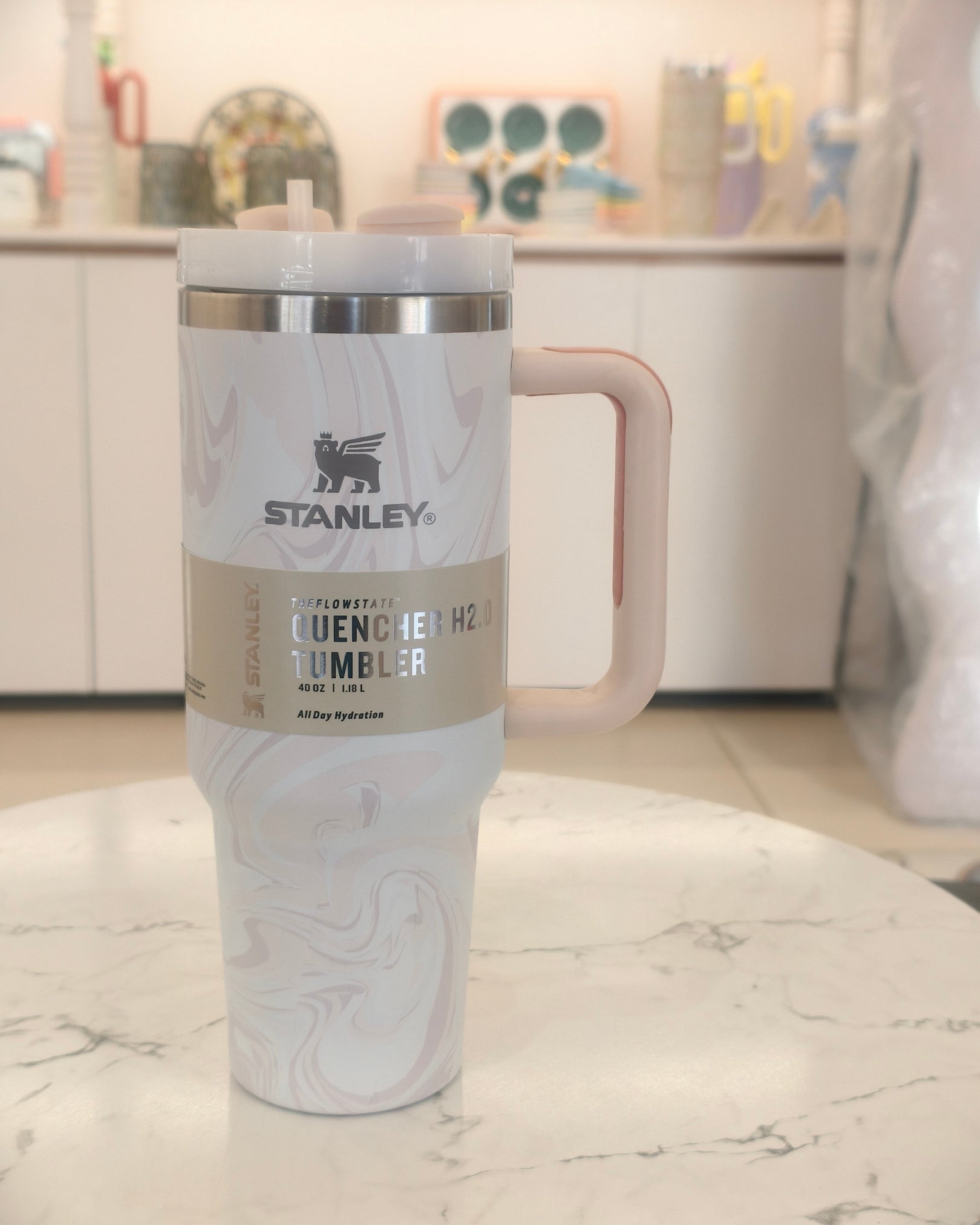 Off White Large Capacity Insulated Travel Tumbler with Handle and Straw – Stainless Steel Quencher Mug
