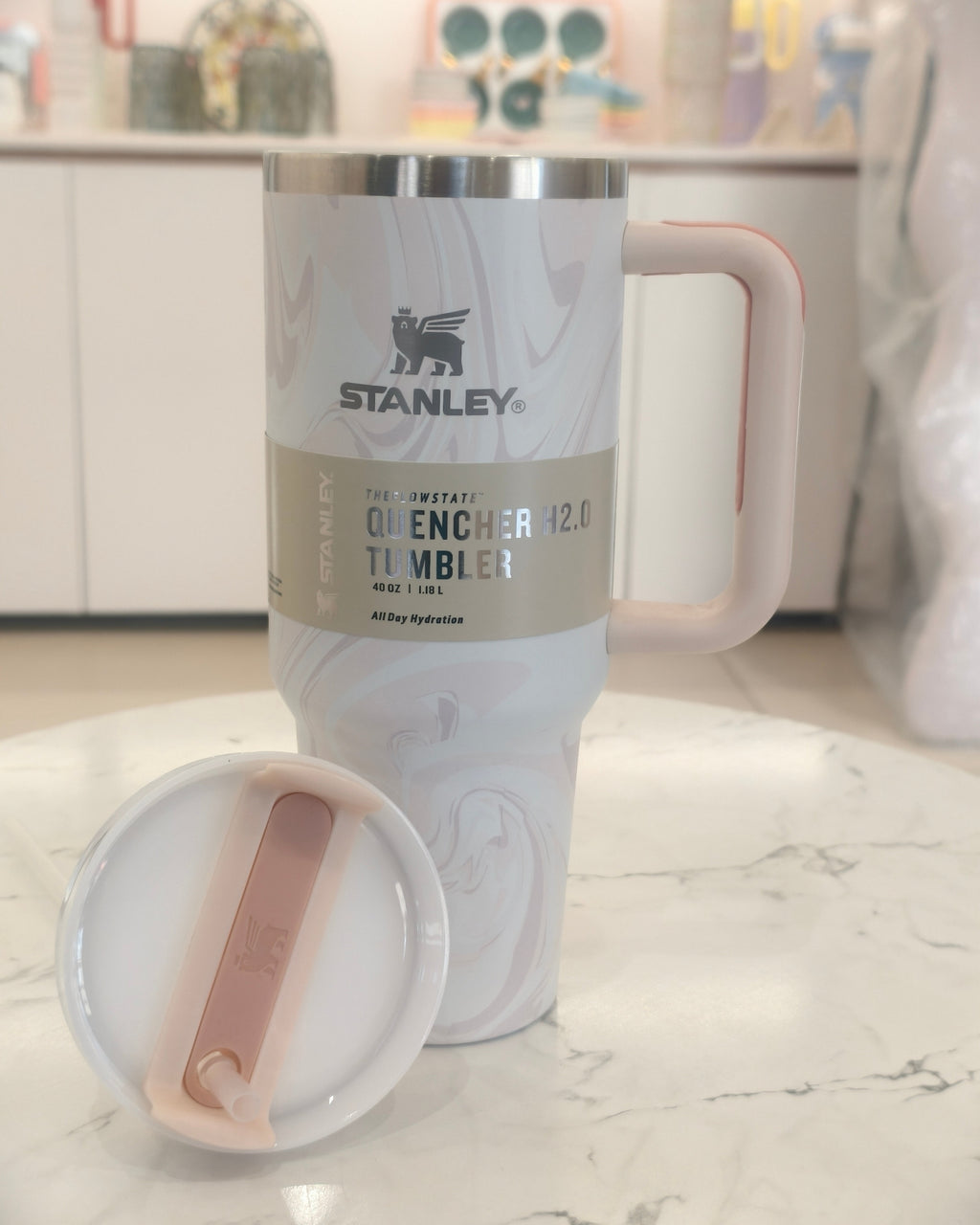 Off White Large Capacity Insulated Travel Tumbler with Handle and Straw – Stainless Steel Quencher Mug