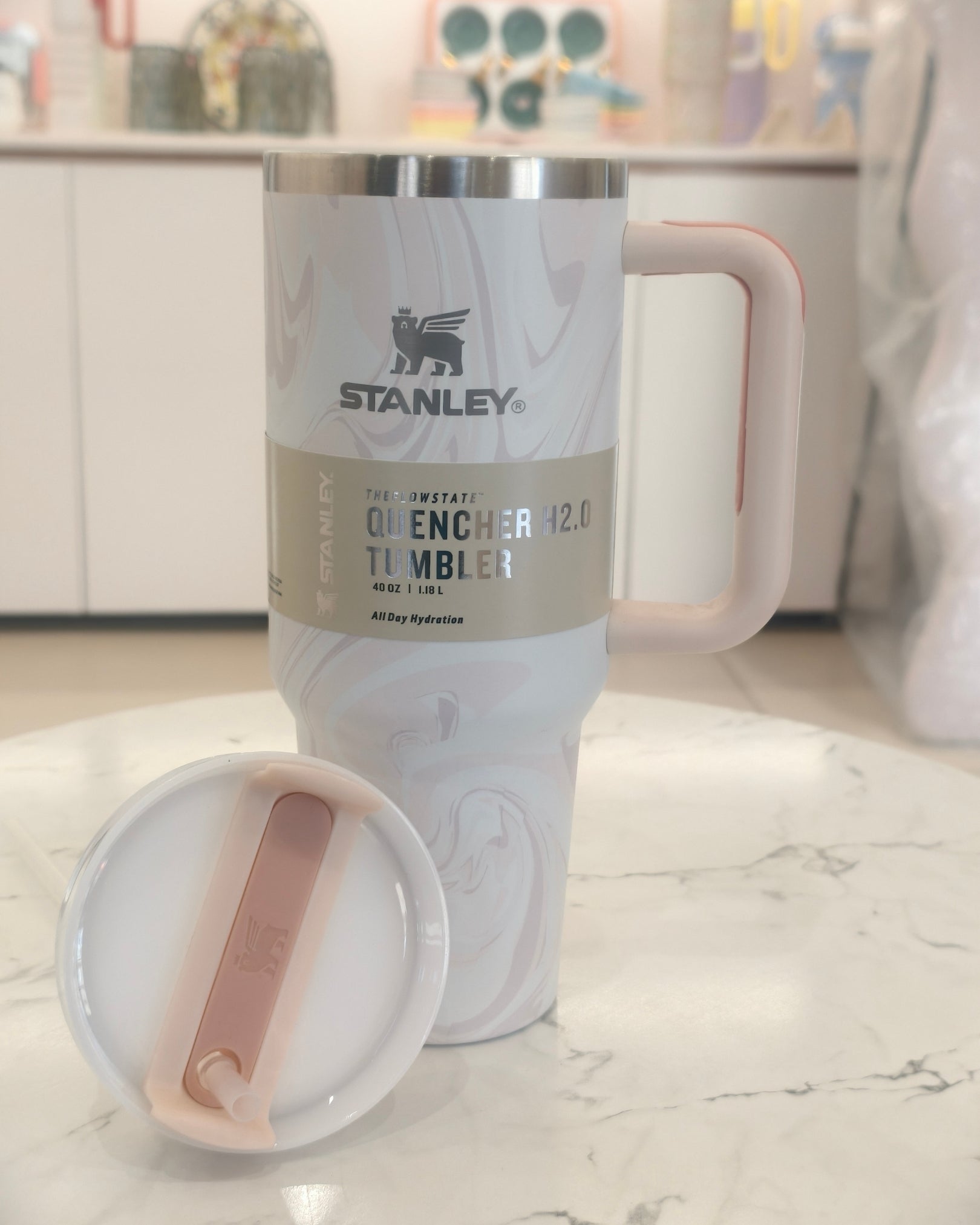 Off White Large Capacity Insulated Travel Tumbler with Handle and Straw – Stainless Steel Quencher Mug