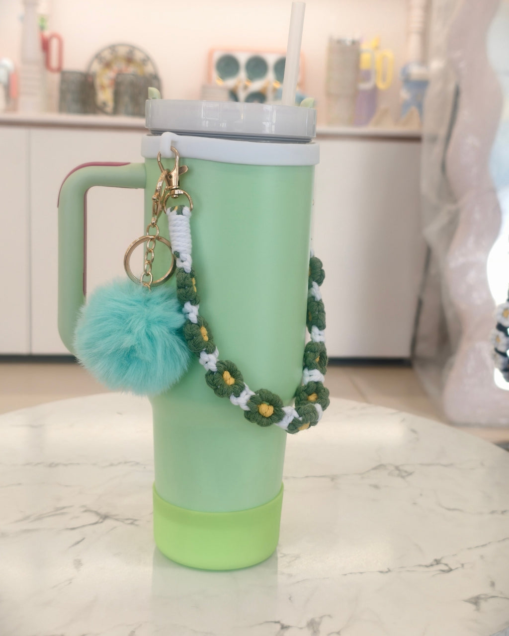 Green Large Capacity Insulated Travel Tumbler with Handle, Straw, and Decorative Charm – Stainless Steel Drinkware