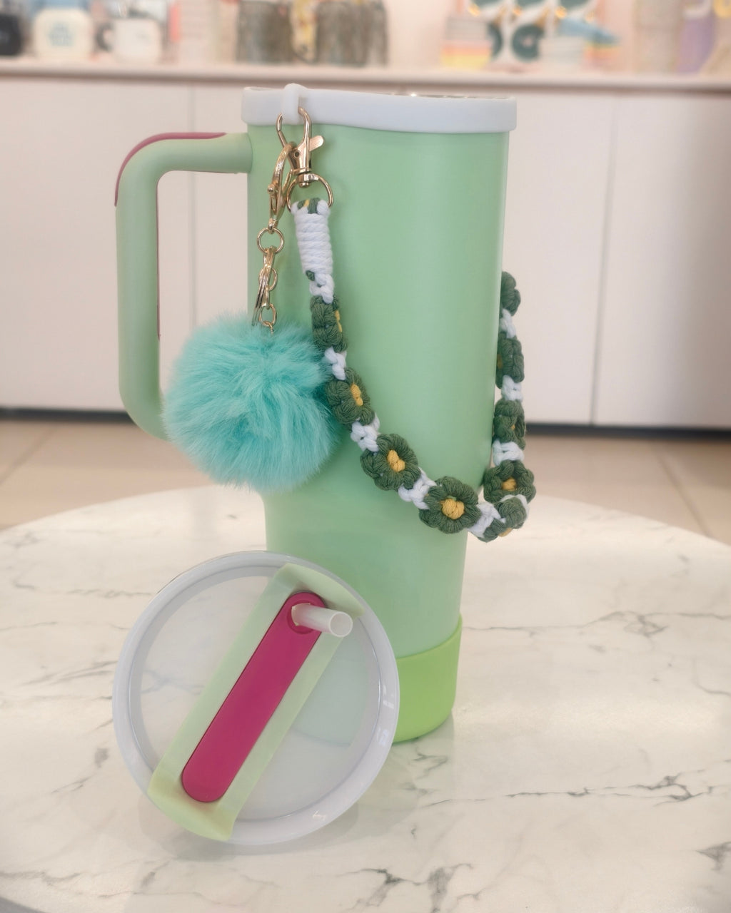 Green Large Capacity Insulated Travel Tumbler with Handle, Straw, and Decorative Charm – Stainless Steel Drinkware