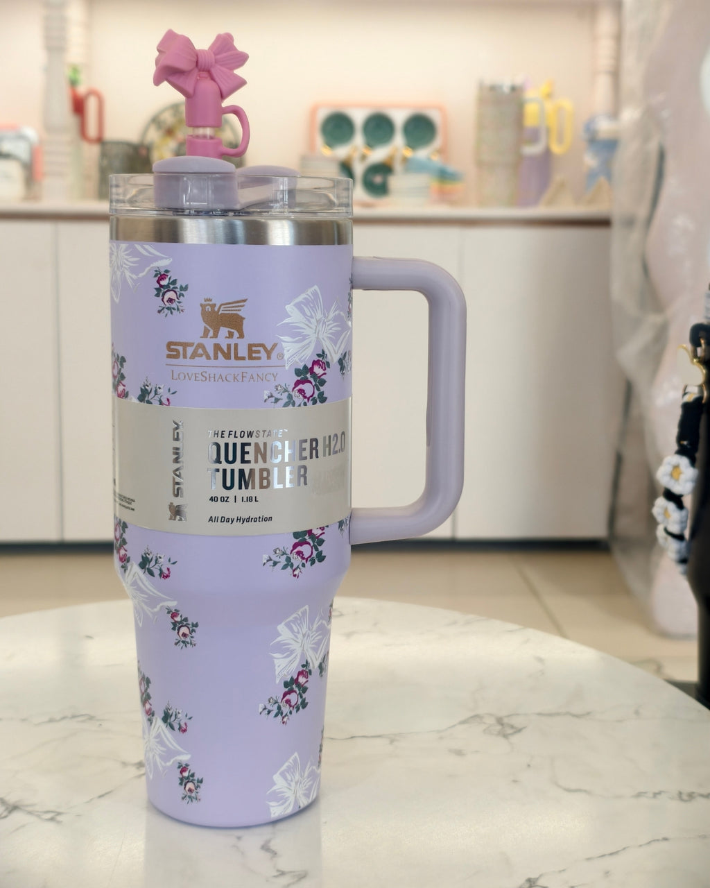 Purple Floral Insulated Travel Tumbler with Handle and Straw – Large Capacity Stainless Steel Quencher Mug