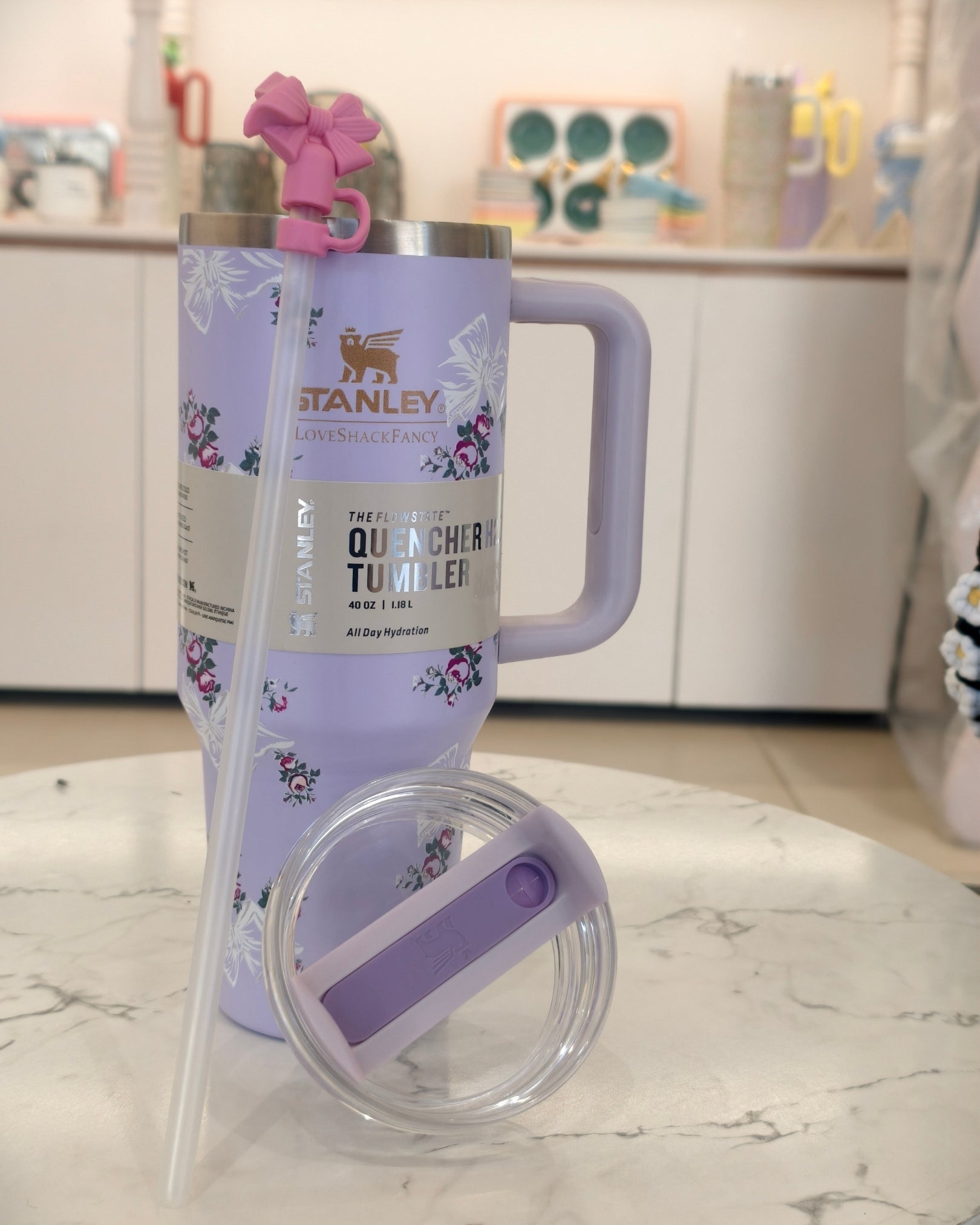 Purple Floral Insulated Travel Tumbler with Handle and Straw – Large Capacity Stainless Steel Quencher Mug