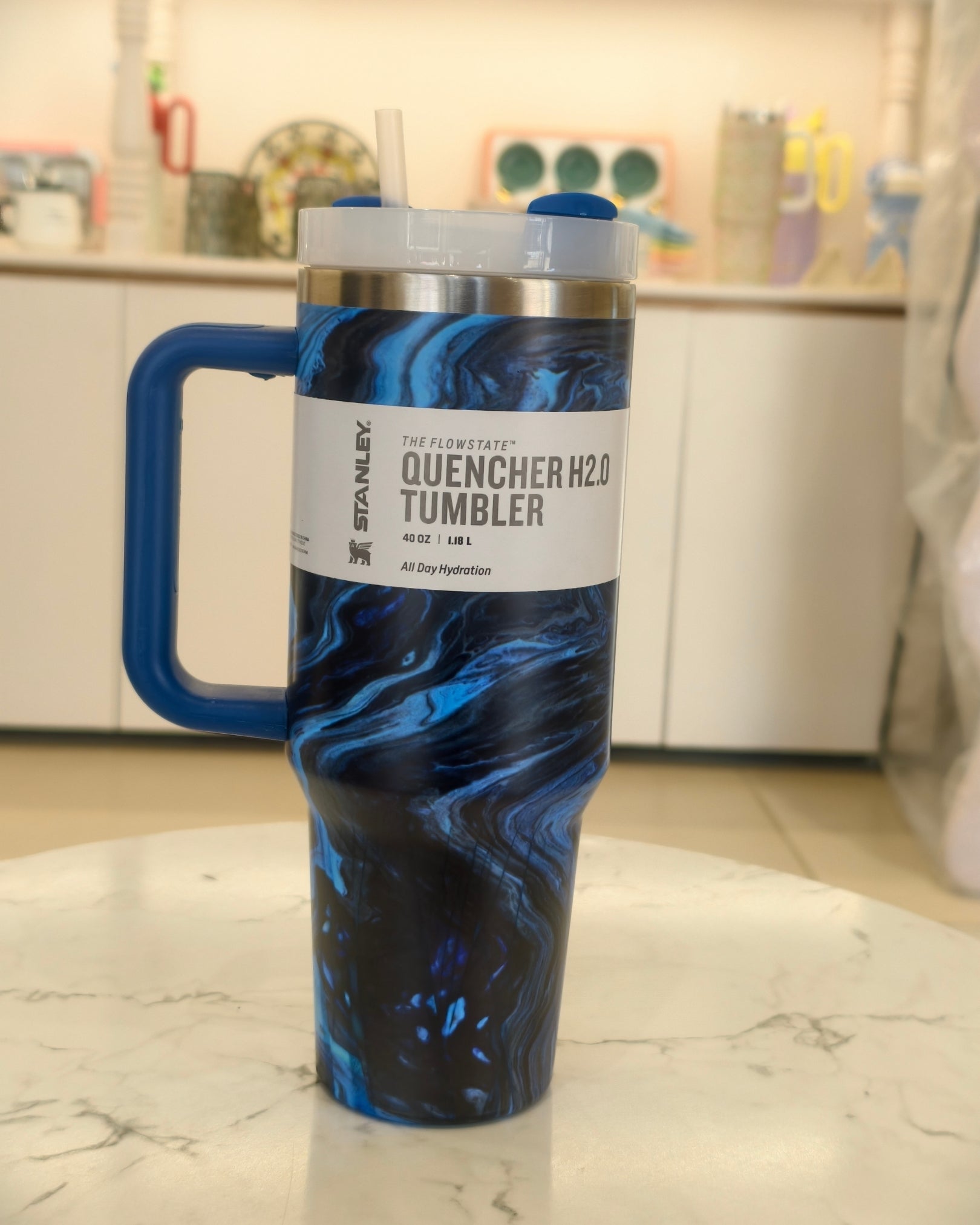 Blue Marble Insulated Travel Tumbler with Handle and Straw – Large Capacity Stainless Steel Quencher Mug