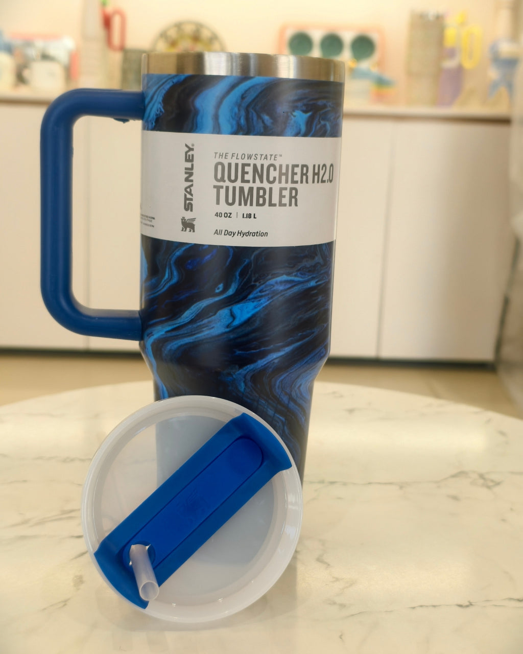Blue Marble Insulated Travel Tumbler with Handle and Straw – Large Capacity Stainless Steel Quencher Mug