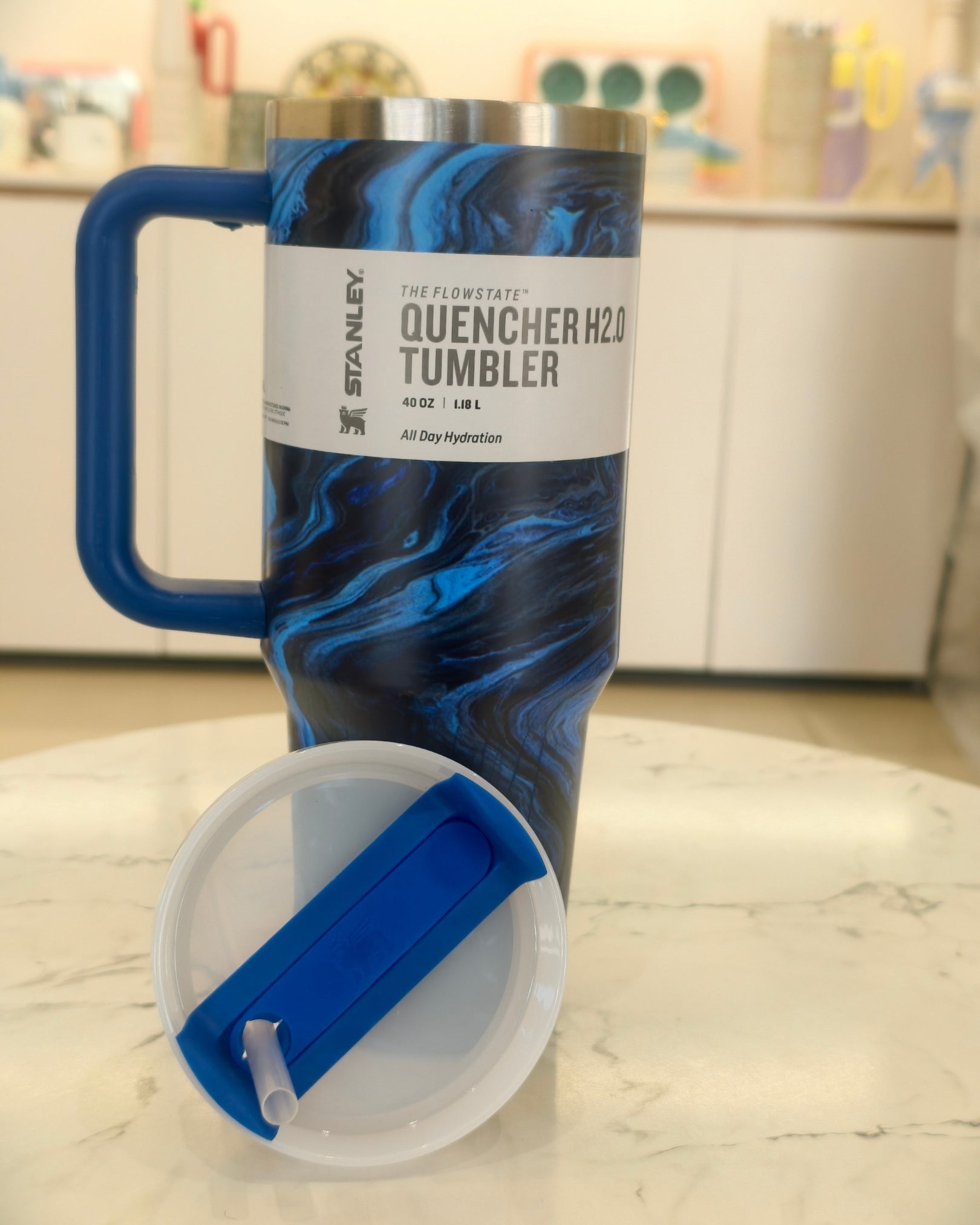 Blue Marble Insulated Travel Tumbler with Handle and Straw – Large Capacity Stainless Steel Quencher Mug