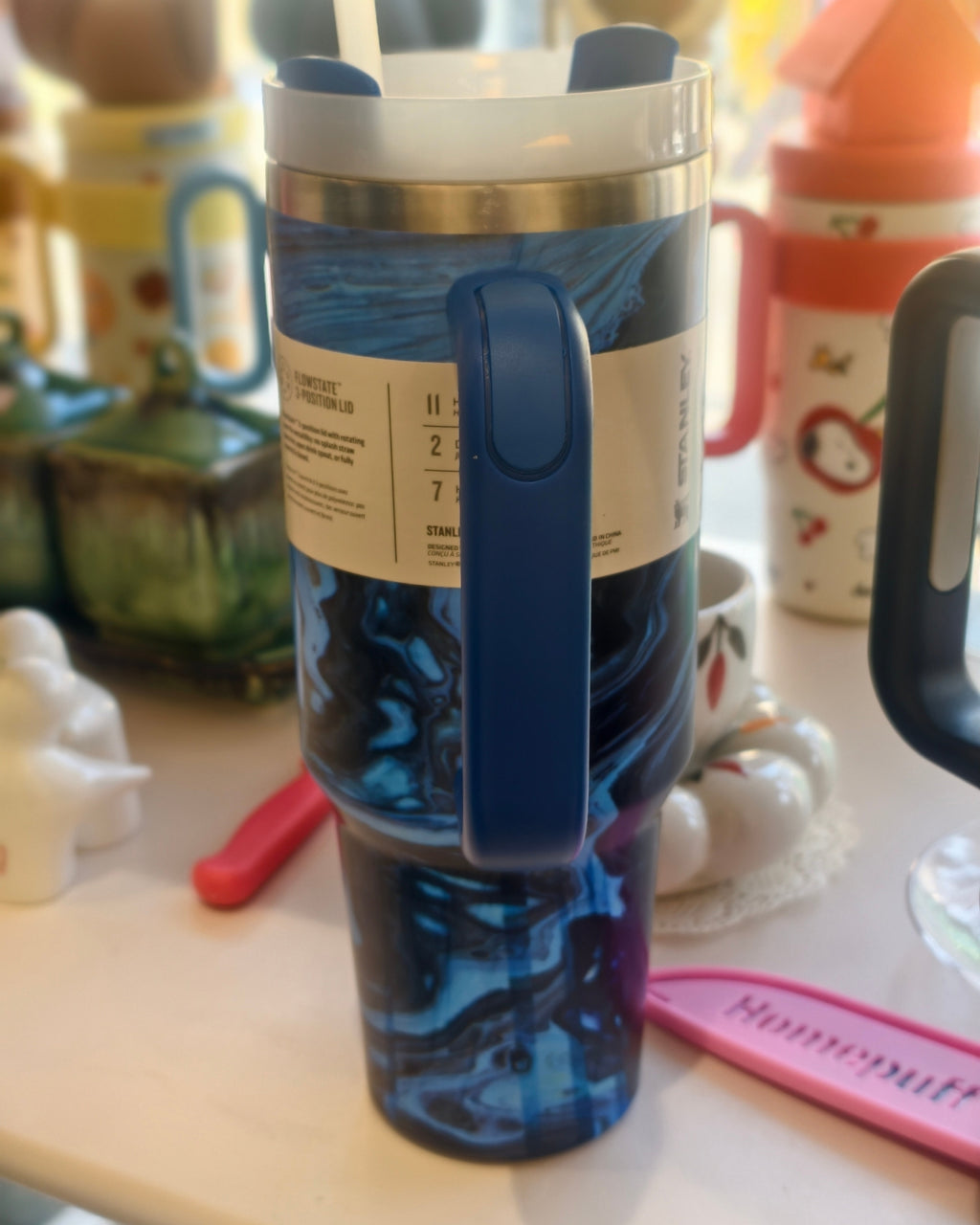 Blue Marble Insulated Travel Tumbler with Handle and Straw – Large Capacity Stainless Steel Quencher Mug