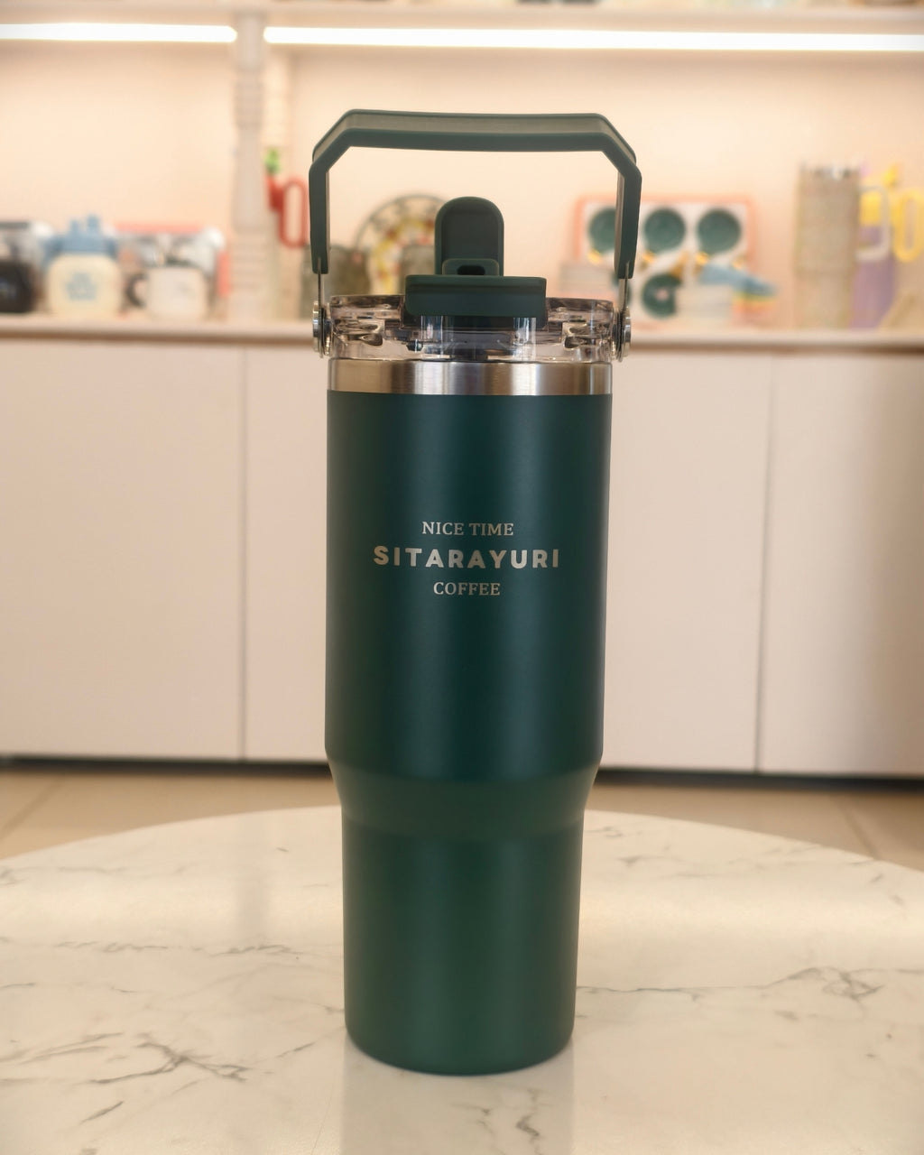 Dark Green Insulated Travel Tumbler with Carry Handle Lid – Stainless Steel Coffee Tumbler