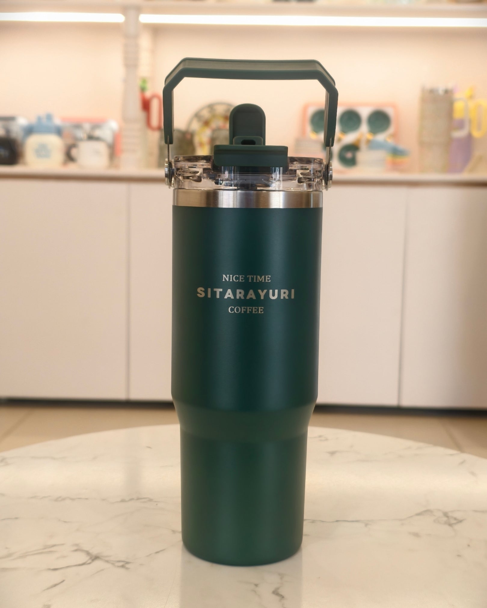 Dark Green Insulated Travel Tumbler with Carry Handle Lid – Stainless Steel Coffee Tumbler