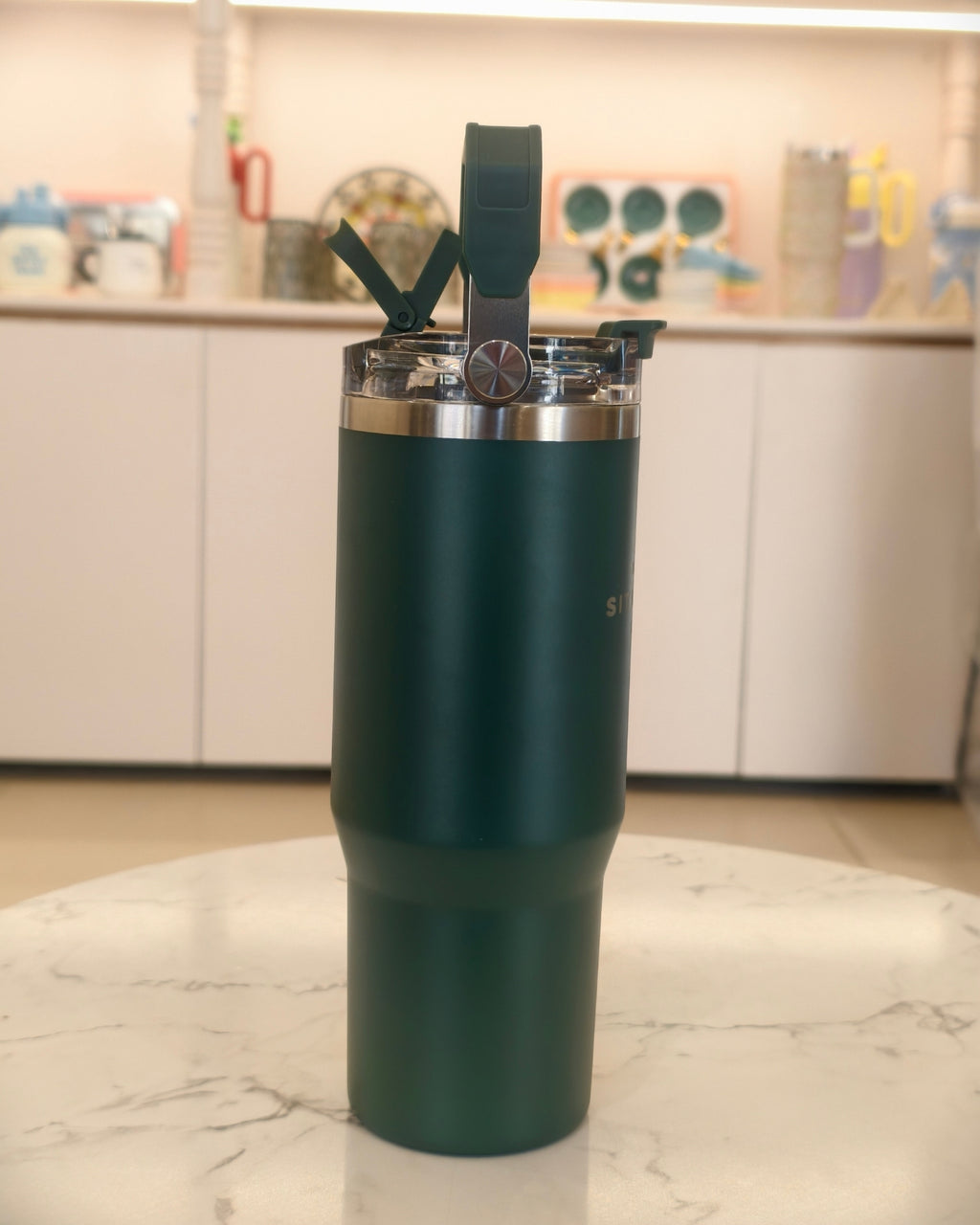 Dark Green Insulated Travel Tumbler with Carry Handle Lid – Stainless Steel Coffee Tumbler