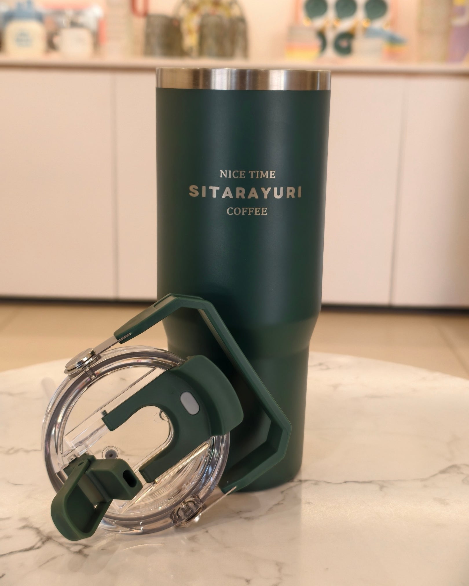 Dark Green Insulated Travel Tumbler with Carry Handle Lid – Stainless Steel Coffee Tumbler