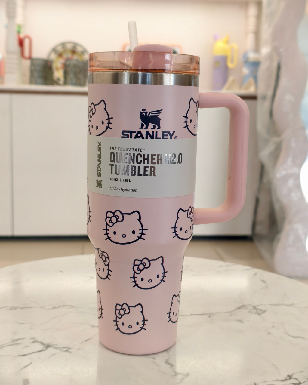 Pink Printed Insulated Handle Tumbler with Straw – Quencher H2.0 Style Stainless Steel Travel Mug
