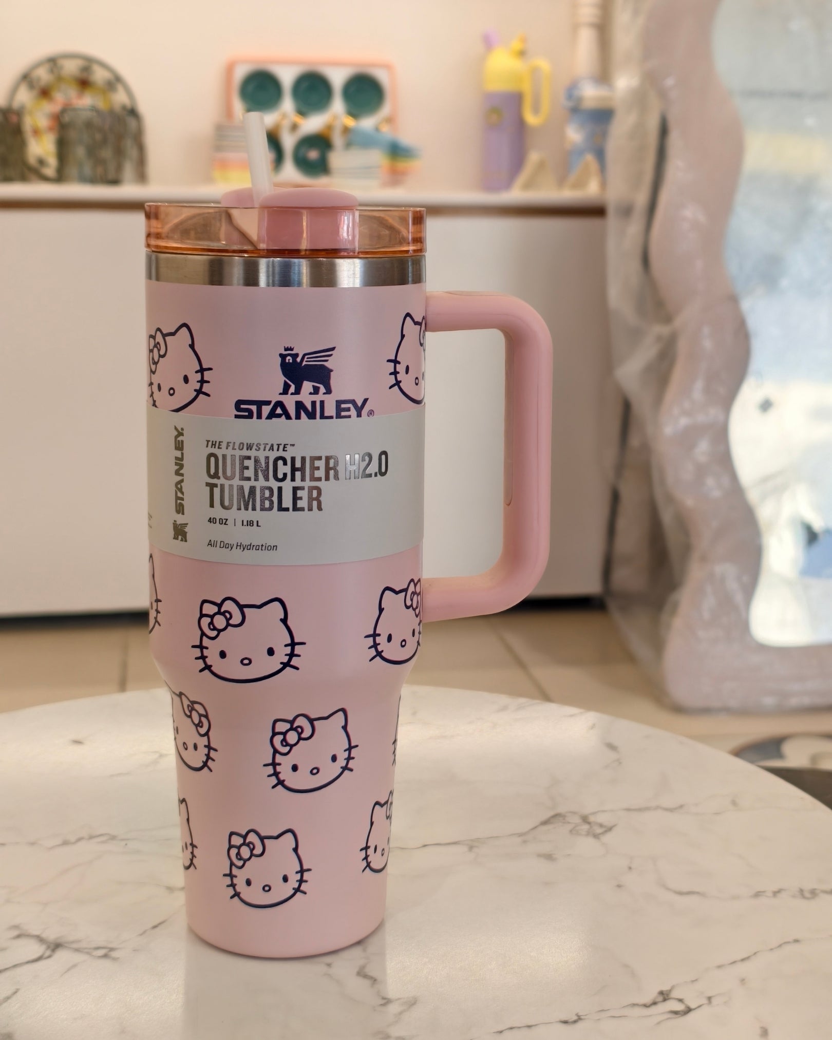 Pink Printed Insulated Handle Tumbler with Straw – Quencher H2.0 Style Stainless Steel Travel Mug