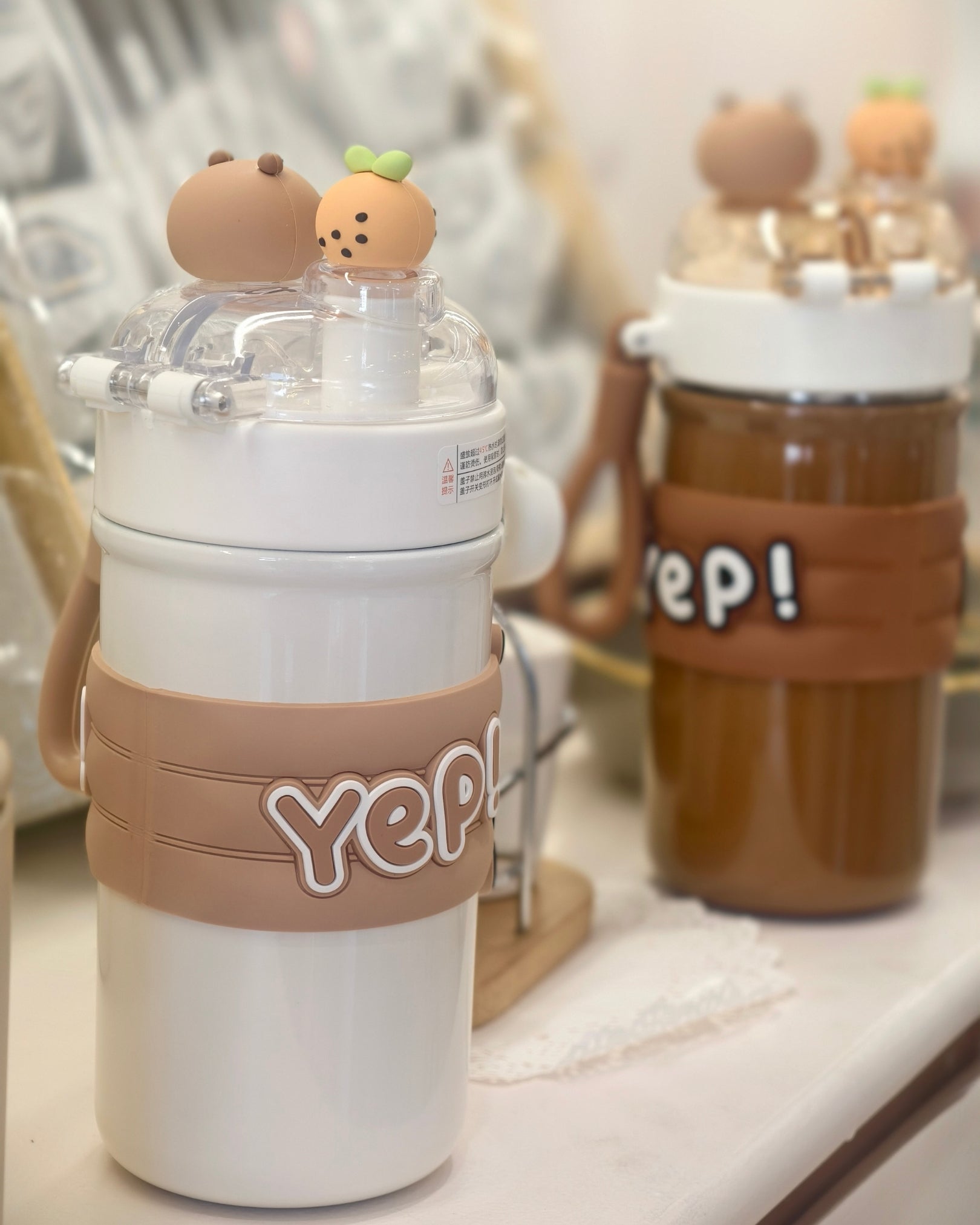 Cute Bear & Fruit Lid Sipper Bottle with Handle – Double Straw Portable Drink Bottle