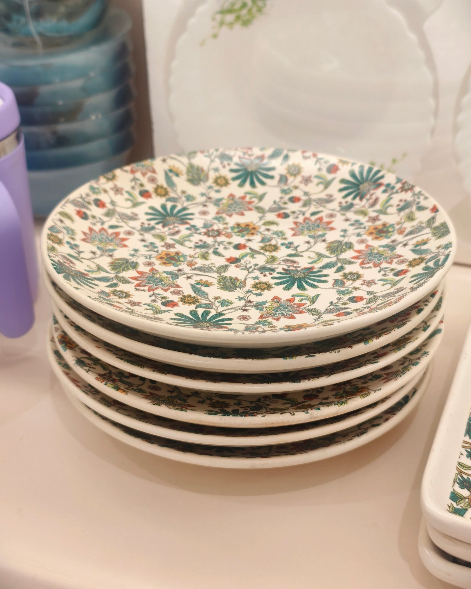 Floral Printed Ceramic Dinner Plates – Multicolor Botanical Design Tableware