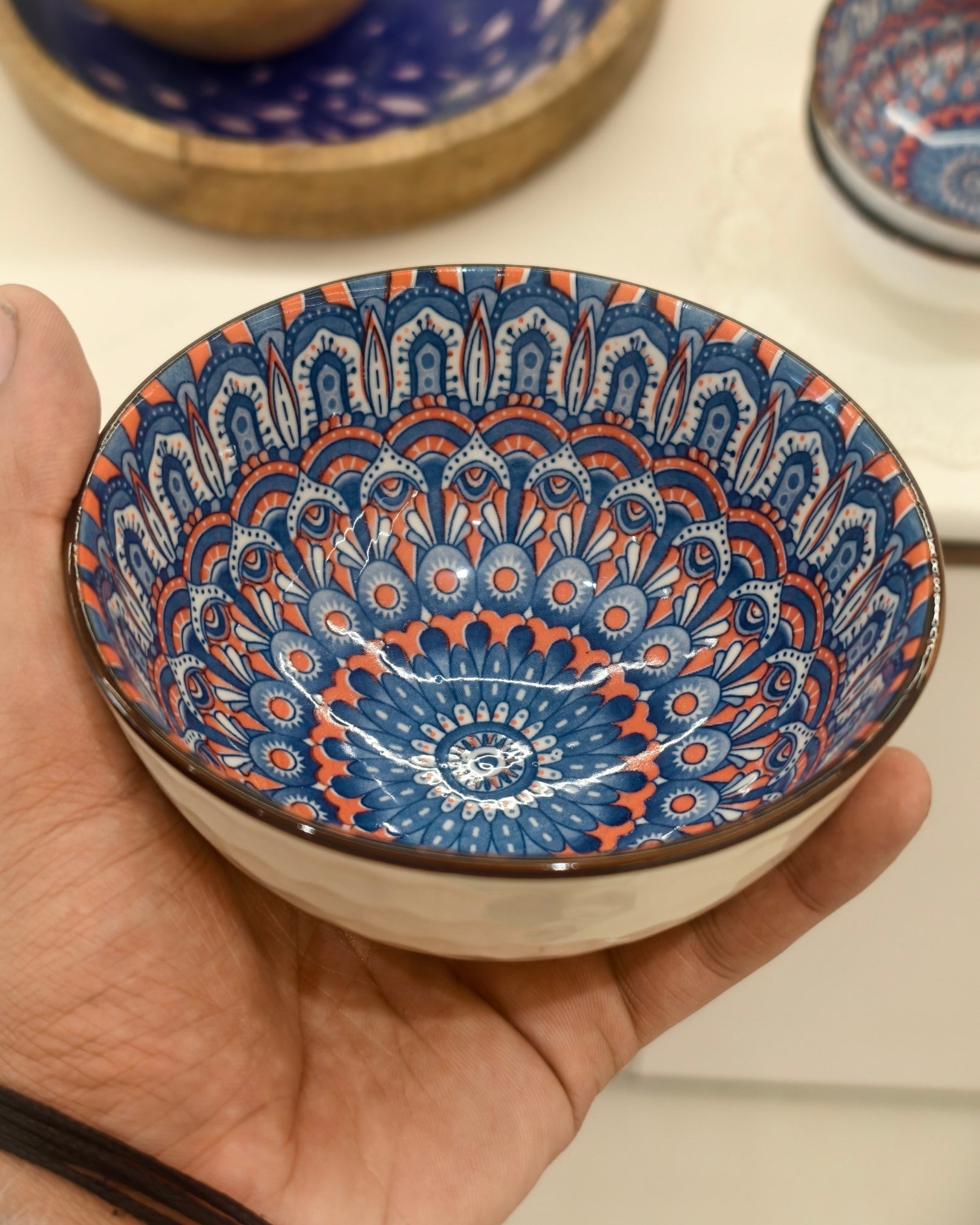 Hand-Painted Ceramic Snack Bowl – Blue Mandala Pattern Serving Bowl