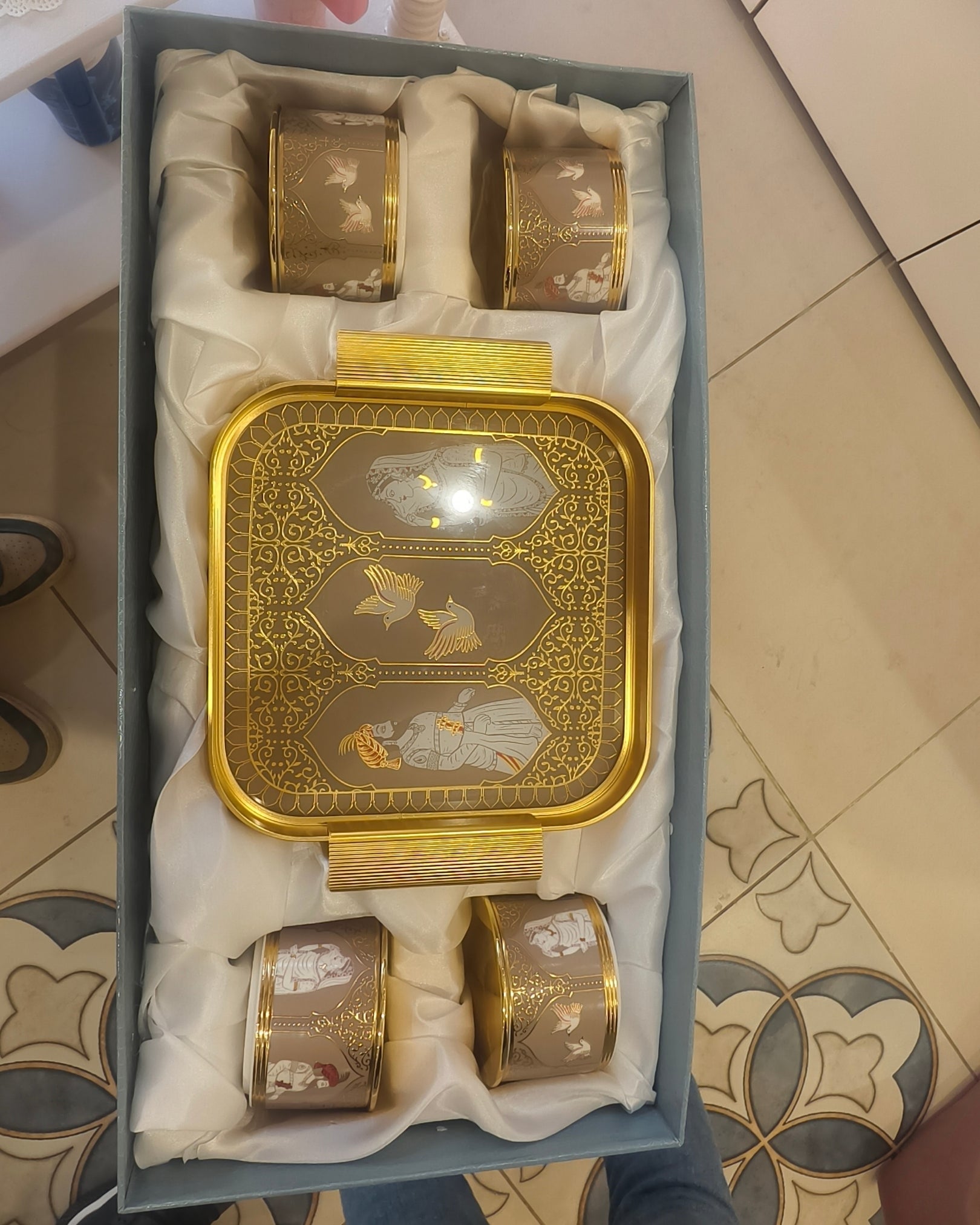 Gold-Trimmed Decorative Serving Tray with Lidded Jars – Luxury Dry Fruit & Snack Set