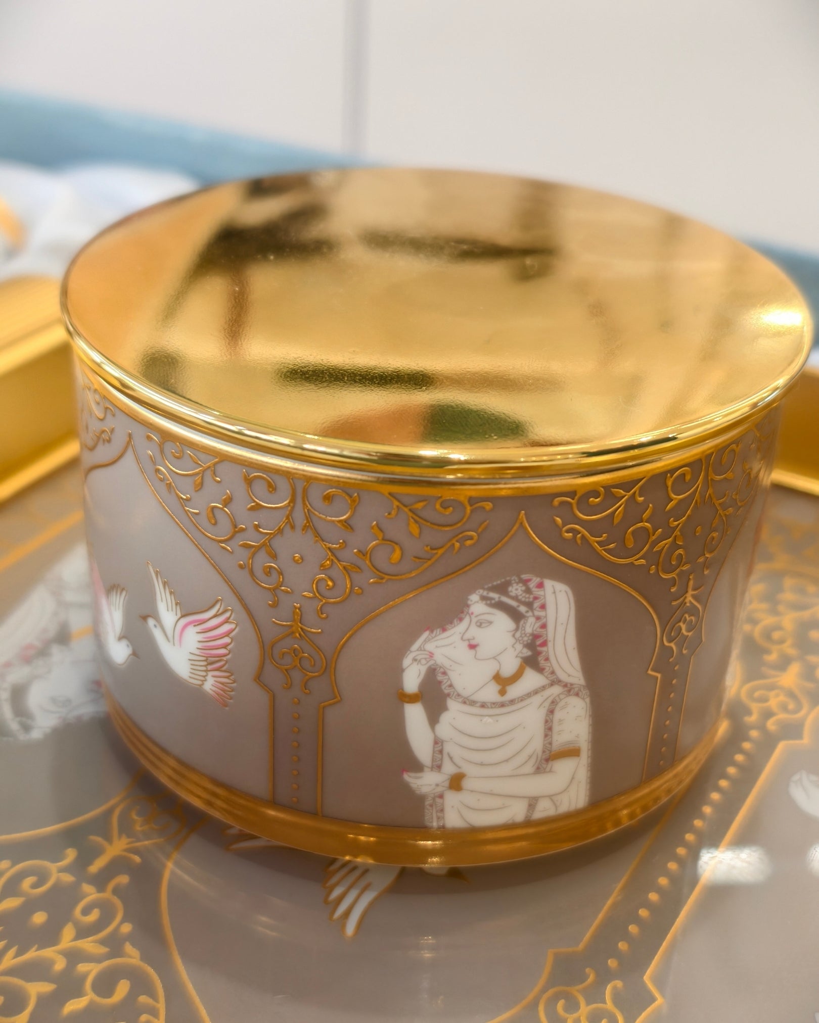 Gold-Trimmed Decorative Serving Tray with Lidded Jars – Luxury Dry Fruit & Snack Set