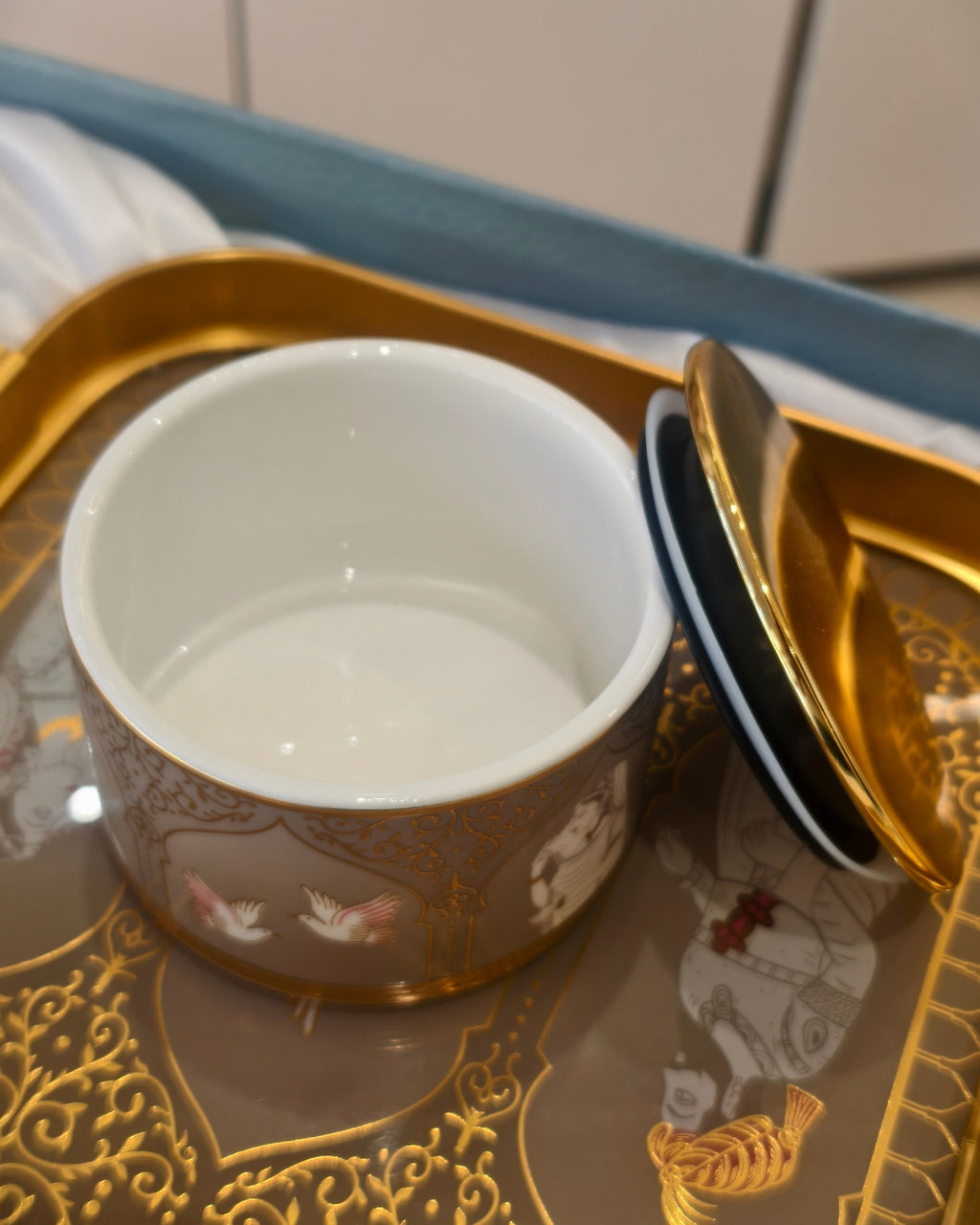 Gold-Trimmed Decorative Serving Tray with Lidded Jars – Luxury Dry Fruit & Snack Set