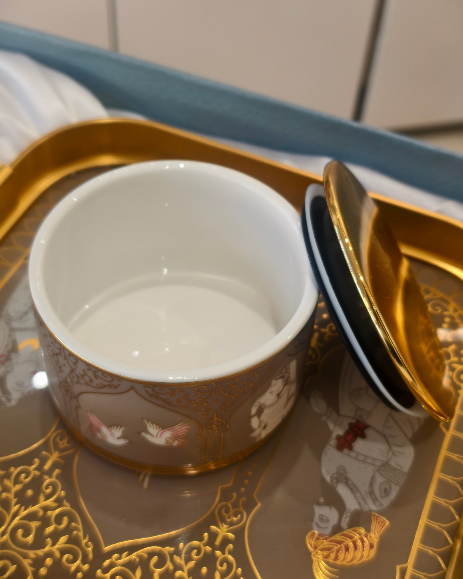 Gold-Trimmed Decorative Serving Tray with Lidded Jars – Luxury Dry Fruit & Snack Set