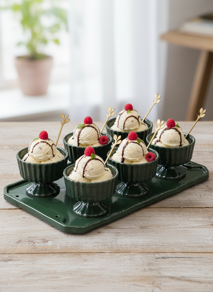 Dark Green Glass Dessert Bowl Set with Serving Tray and Gold Spoons