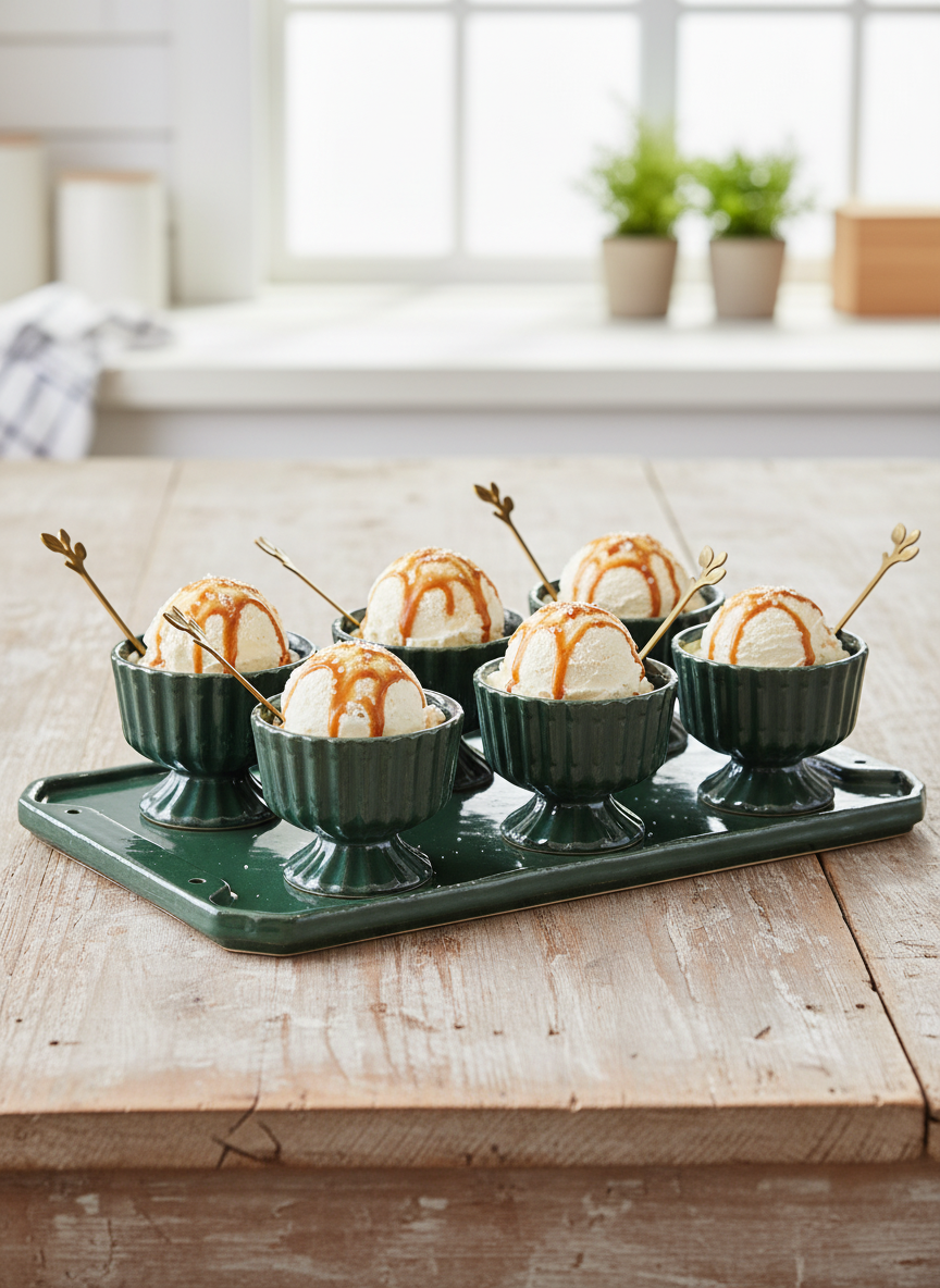 Dark Green Glass Dessert Bowl Set with Serving Tray and Gold Spoons