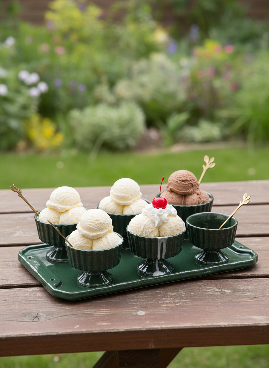 Dark Green Glass Dessert Bowl Set with Serving Tray and Gold Spoons