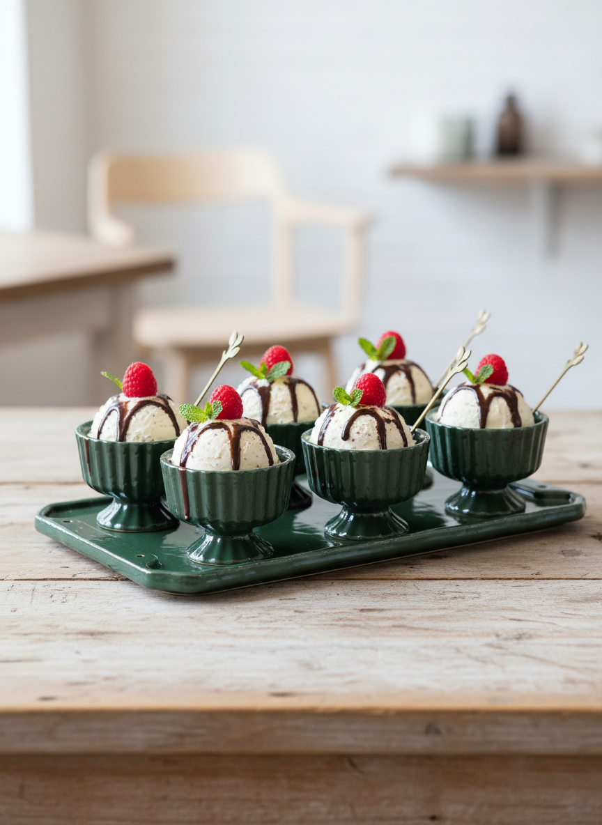 Dark Green Glass Dessert Bowl Set with Serving Tray and Gold Spoons