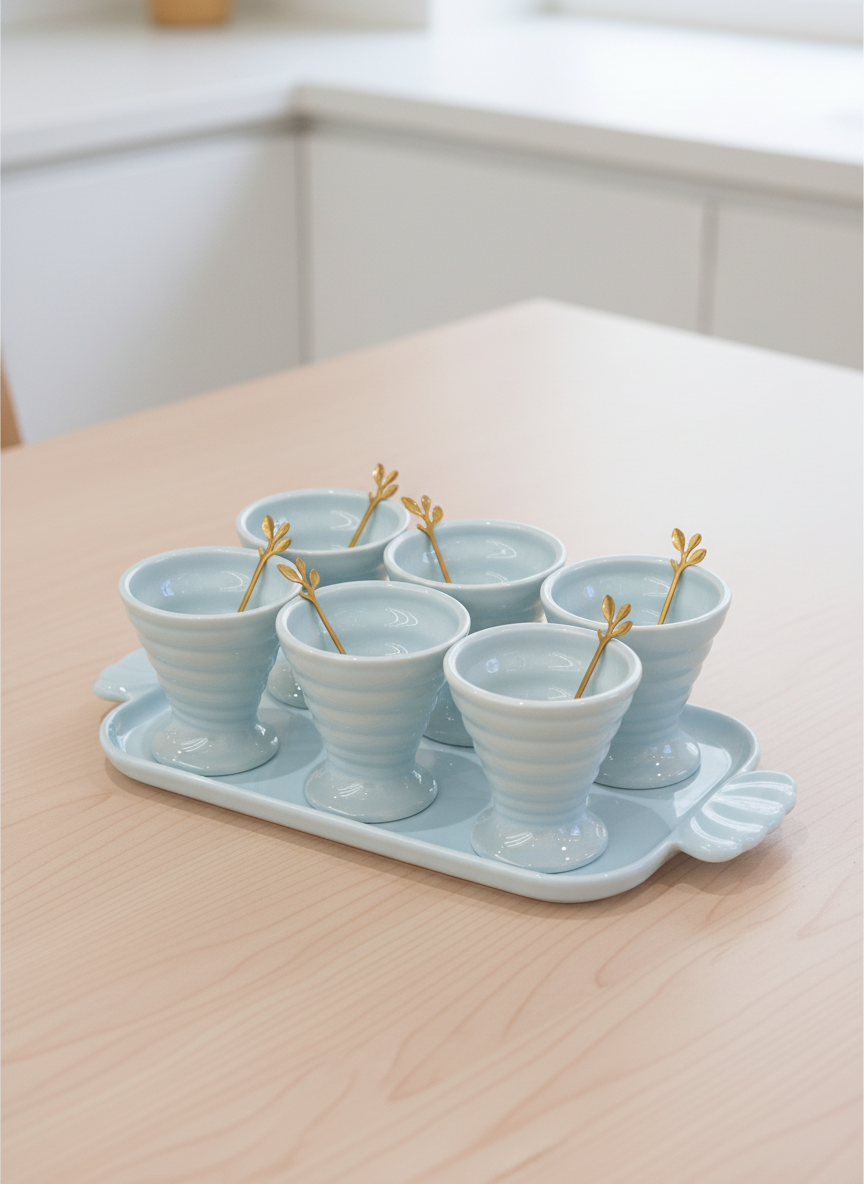 Celadon Blue Ceramic Dessert Bowl Set with Tray and Gold Spoons – 6-Piece Serving Set