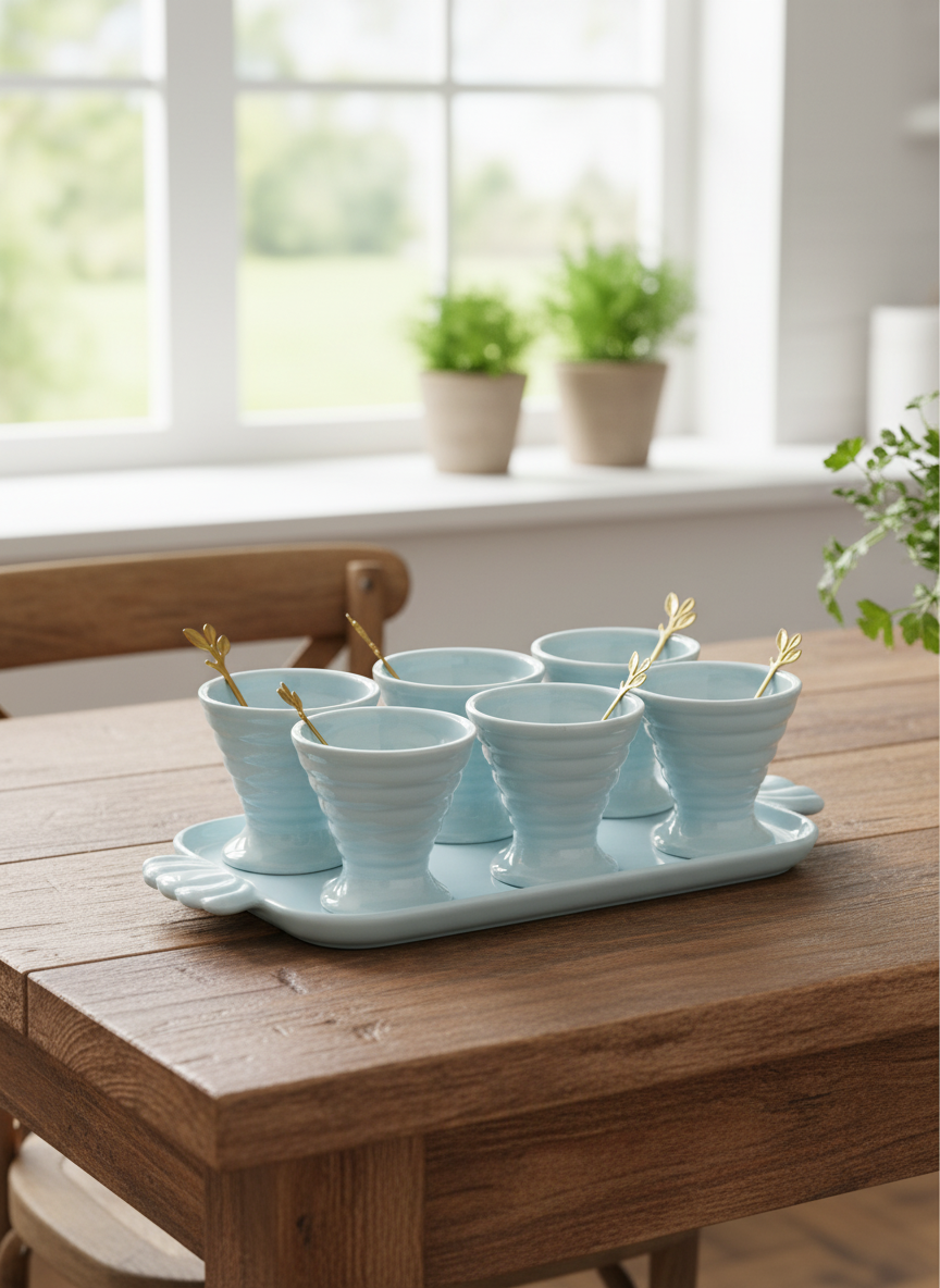 Celadon Blue Ceramic Dessert Bowl Set with Tray and Gold Spoons – 6-Piece Serving Set