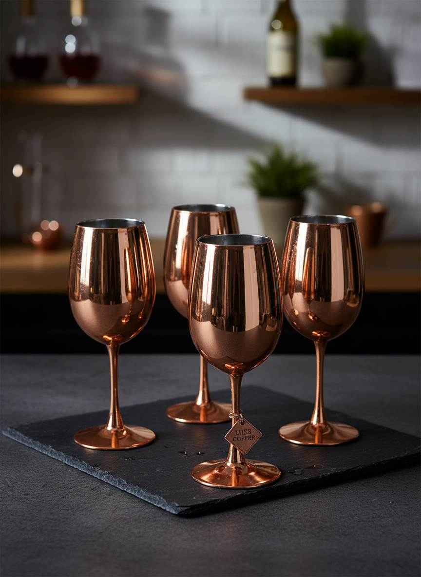 Copper Coated Wine Glasses with Silver Inner – Reflective Finish 350ml (Set of 6)