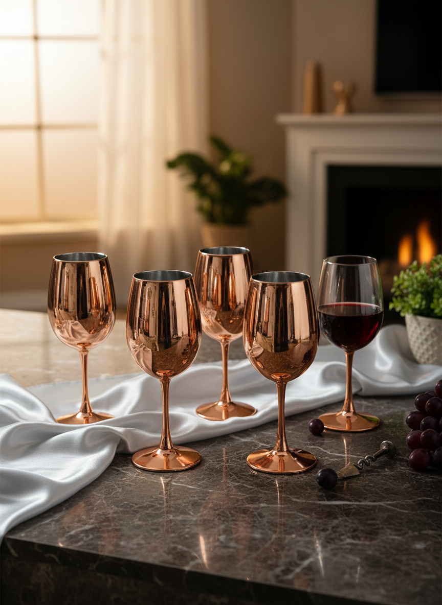Copper Coated Wine Glasses with Silver Inner – Reflective Finish 350ml (Set of 6)
