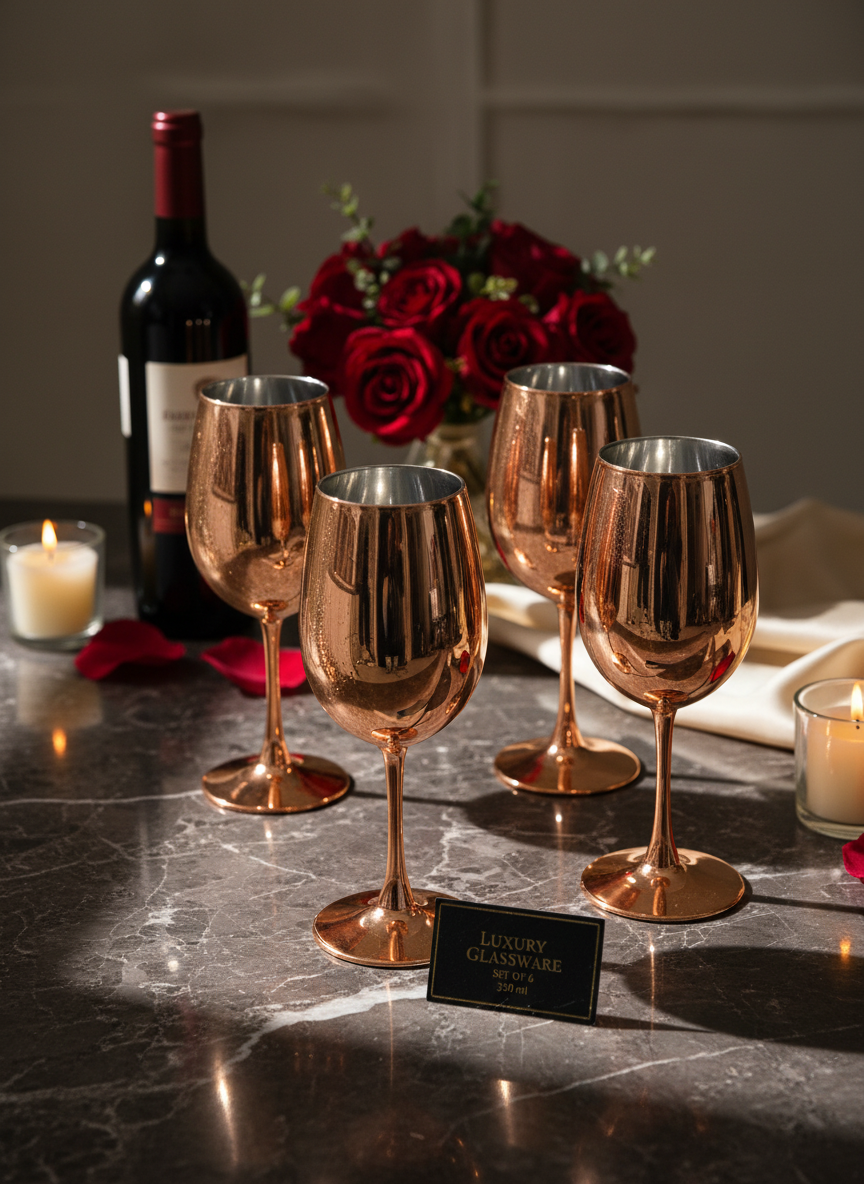 Copper Coated Wine Glasses with Silver Inner – Reflective Finish 350ml (Set of 6)