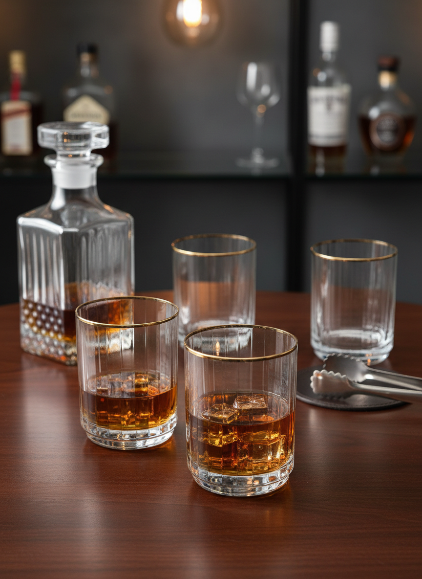 Gold Rim Ribbed Whisky Glass – Crystal Tumbler 400ml (Pack of 4)