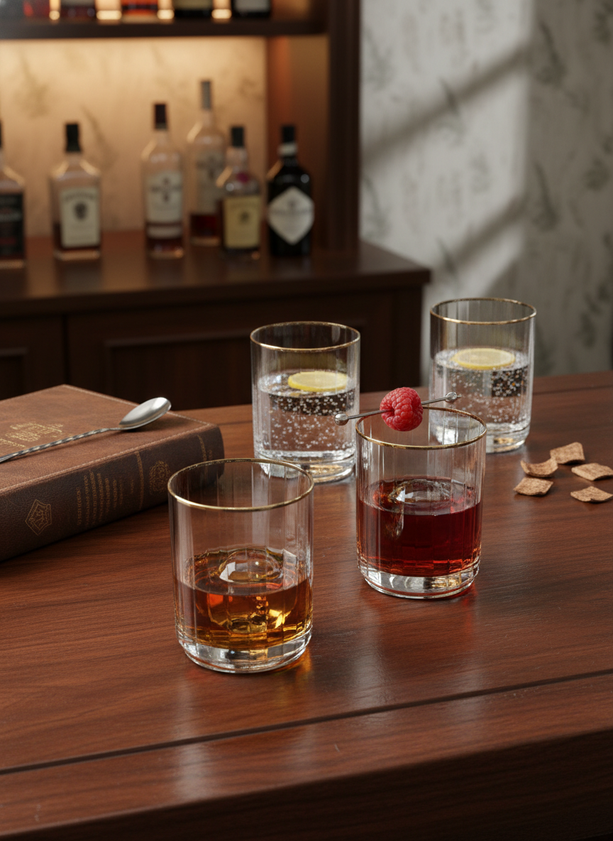 Gold Rim Ribbed Whisky Glass – Crystal Tumbler 400ml (Pack of 4)