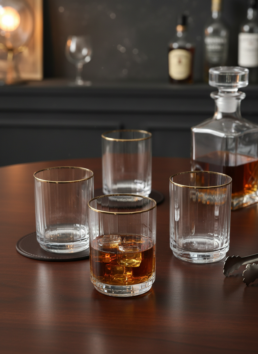 Gold Rim Ribbed Whisky Glass – Crystal Tumbler 400ml (Pack of 4)