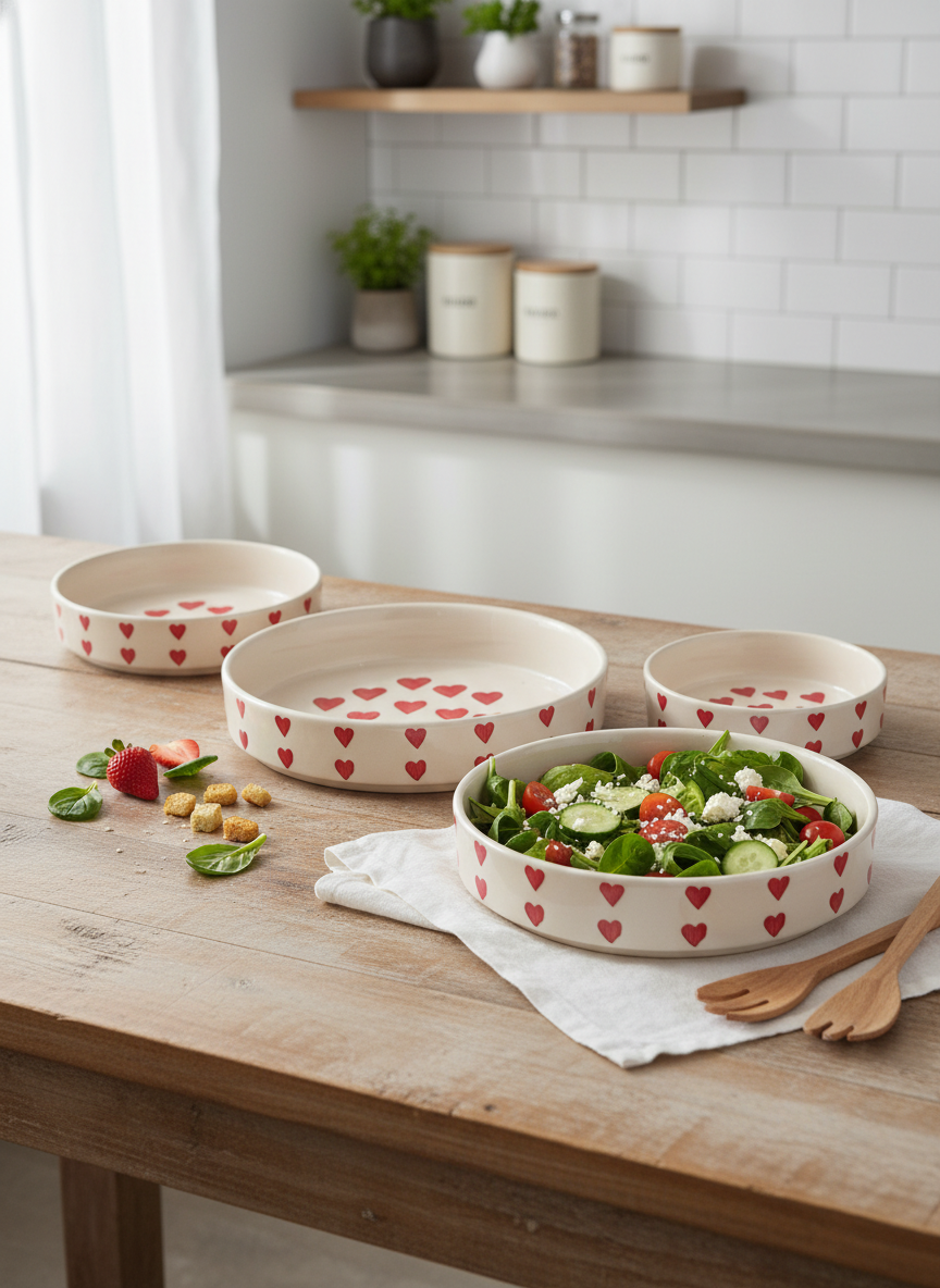 Red Heart Ceramic Salad Serving Bowl Set of 3 – Snack & Fruit Bowls for Dining Table