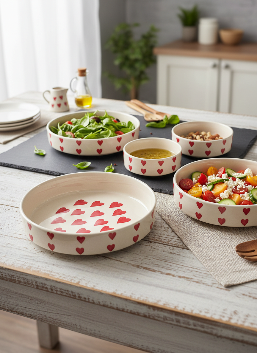 Red Heart Ceramic Salad Serving Bowl Set of 3 – Snack & Fruit Bowls for Dining Table
